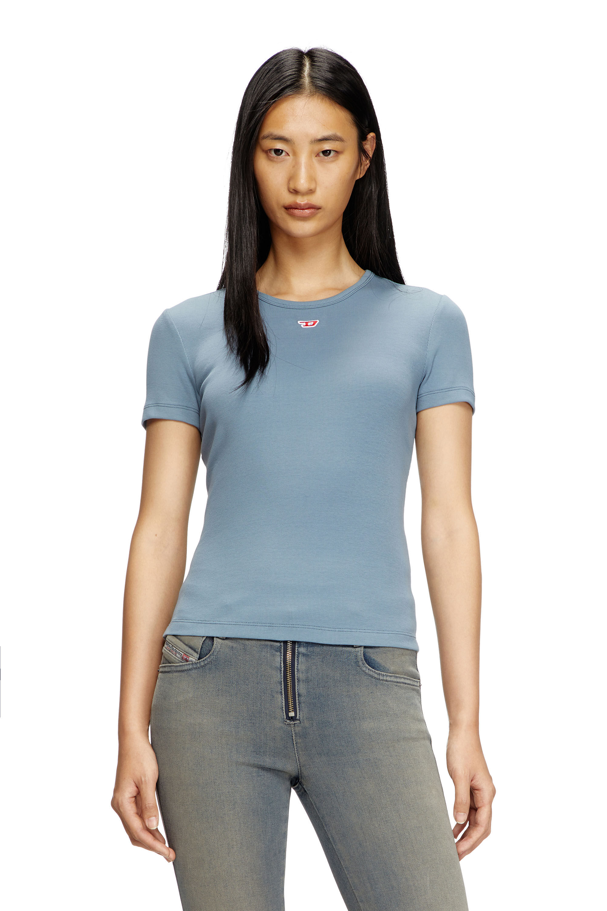 Diesel - T-ELE-LONG-D, T-shirt con patch logo D Donna in Blu - 3