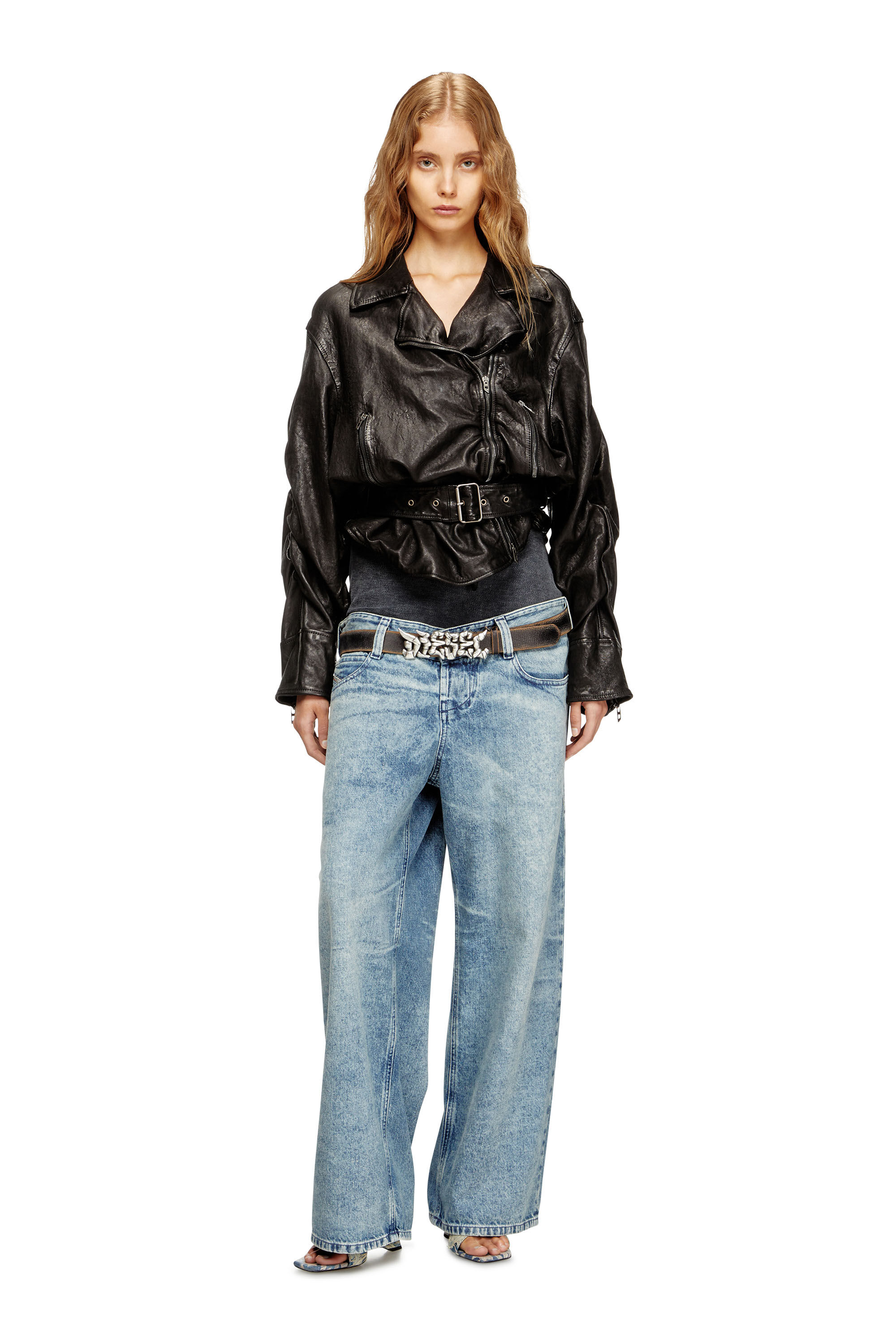 Diesel - L-OYS, Veste à ceinture en cuir bouilli Femme in Noir - 1