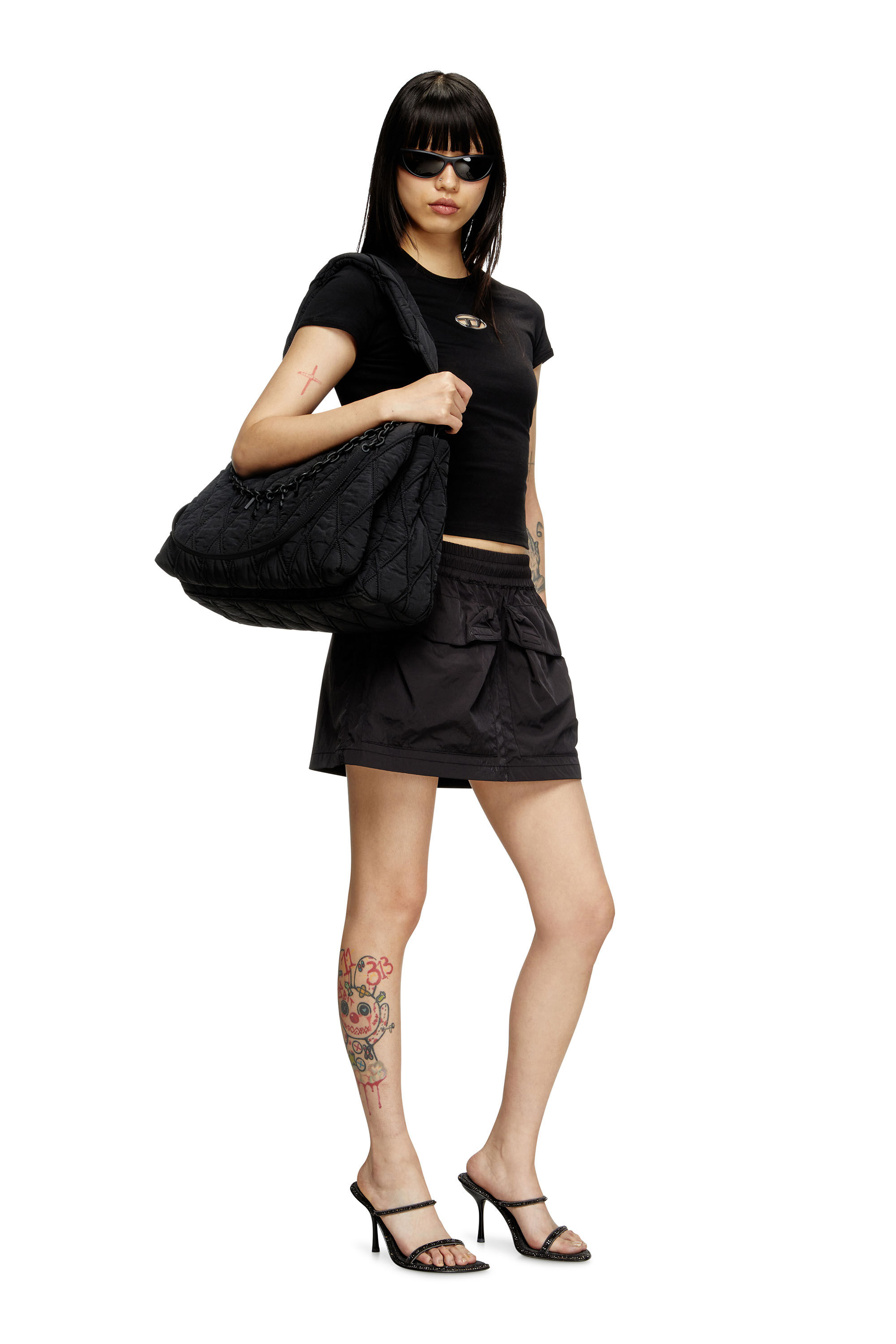 Diesel - CHARM-D SHOULDER L, Borsa a spalla in nylon washed trapuntato Donna in Nero - 6