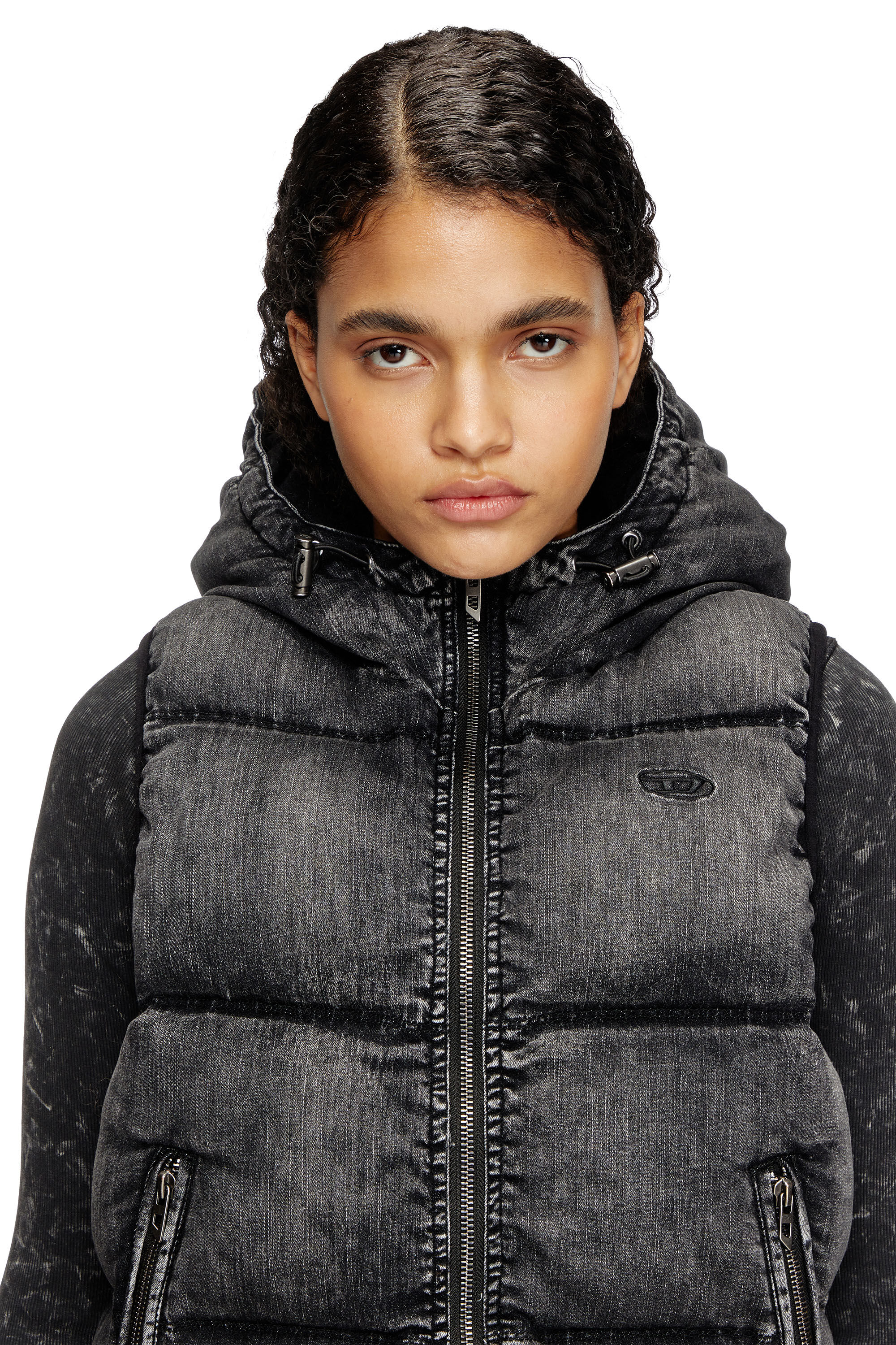Diesel - W-HOPPER, Gilet matelassé à capuche en denim délavé Femme in Noir - 5