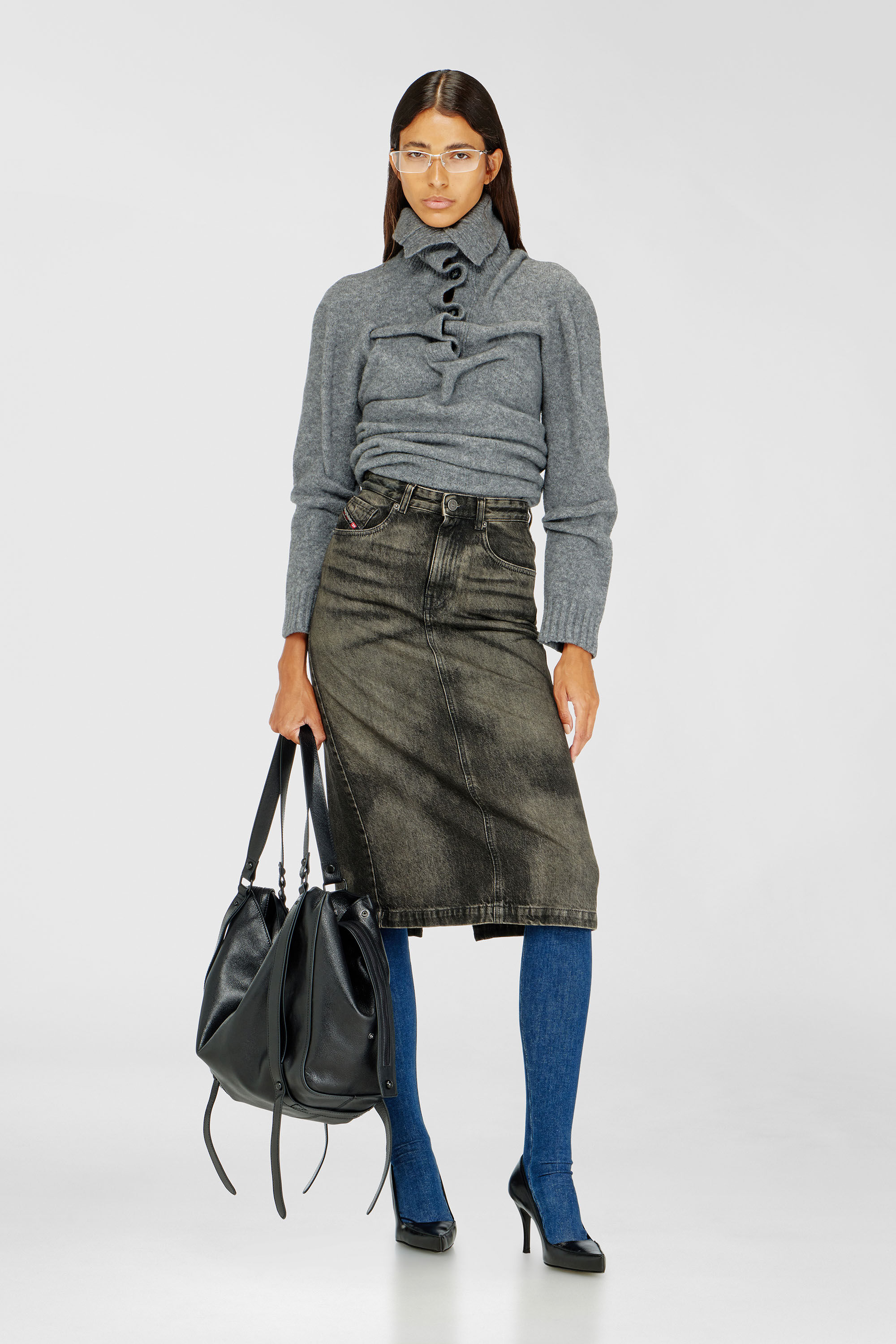 Diesel - DE-PENDY-FSJ, Damen Bleistiftrock aus Denim mit Dirty-Effekt in Schwarz/Dunkelgrau - 1