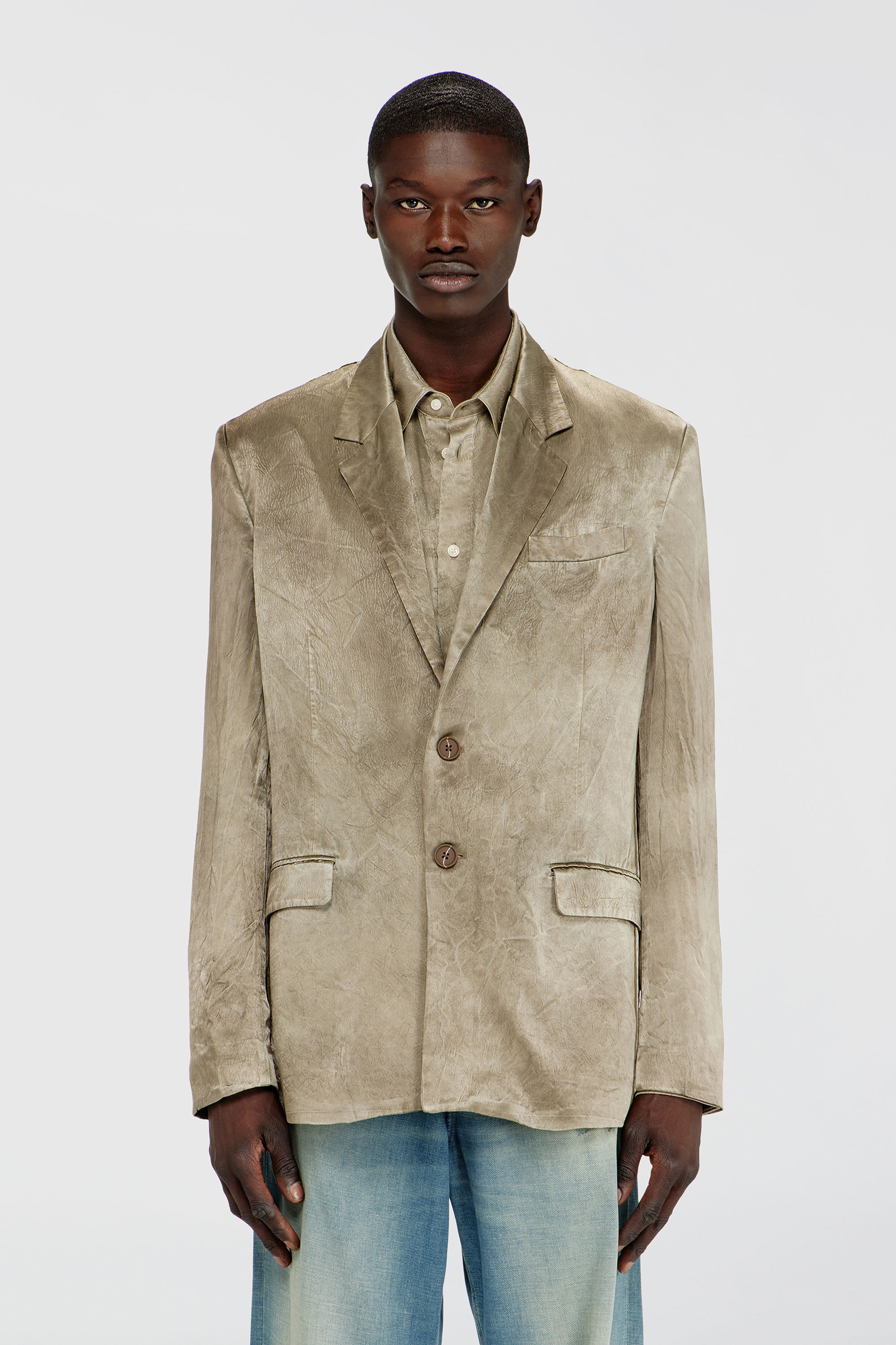 Diesel - J-ANDRE, Blazer en satin froiss&eacute; Homme in Marron - 3