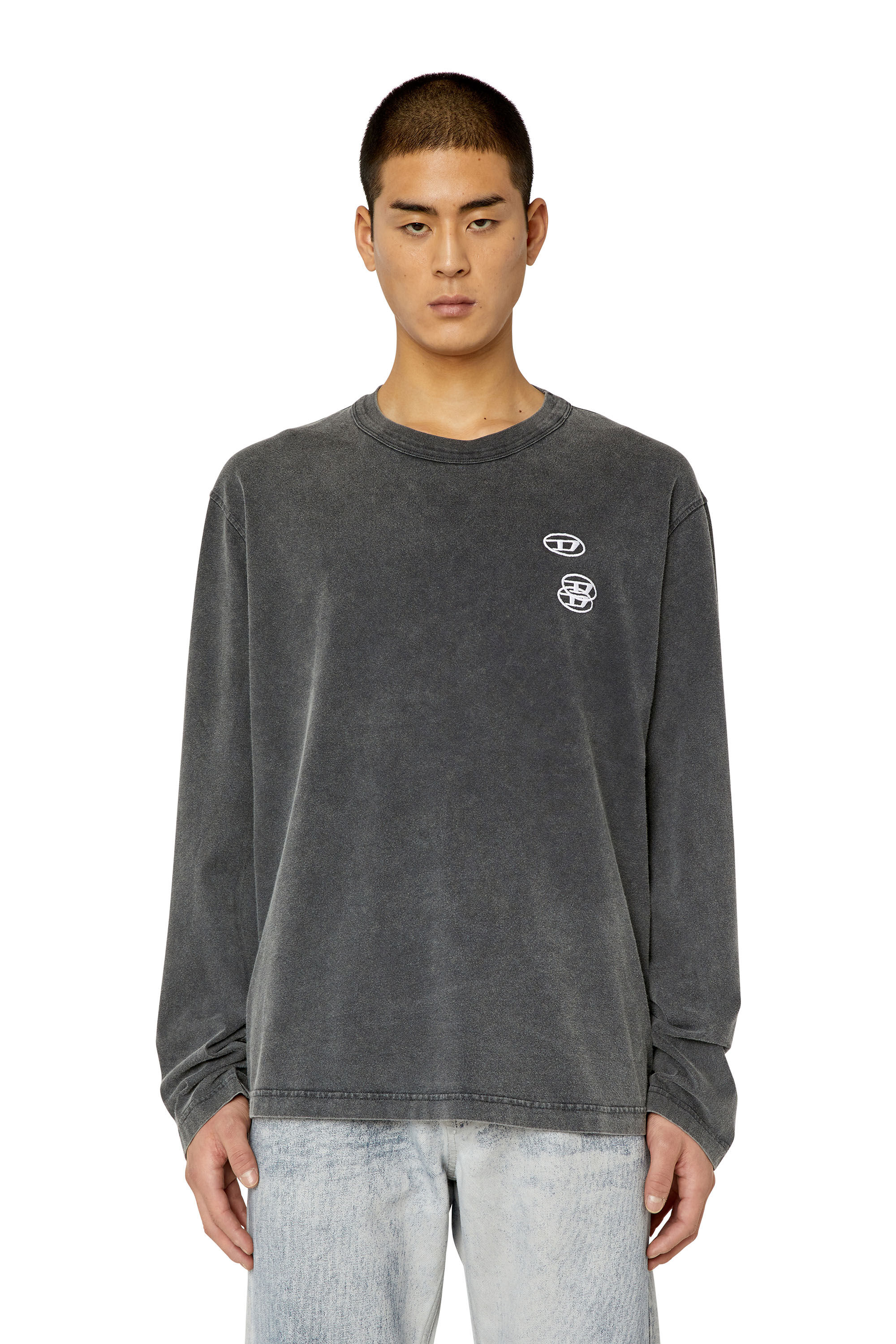 Diesel - T-CRANE-LS-SLITS, T-shirt con tre loghi ricamati Uomo in Nero - 3