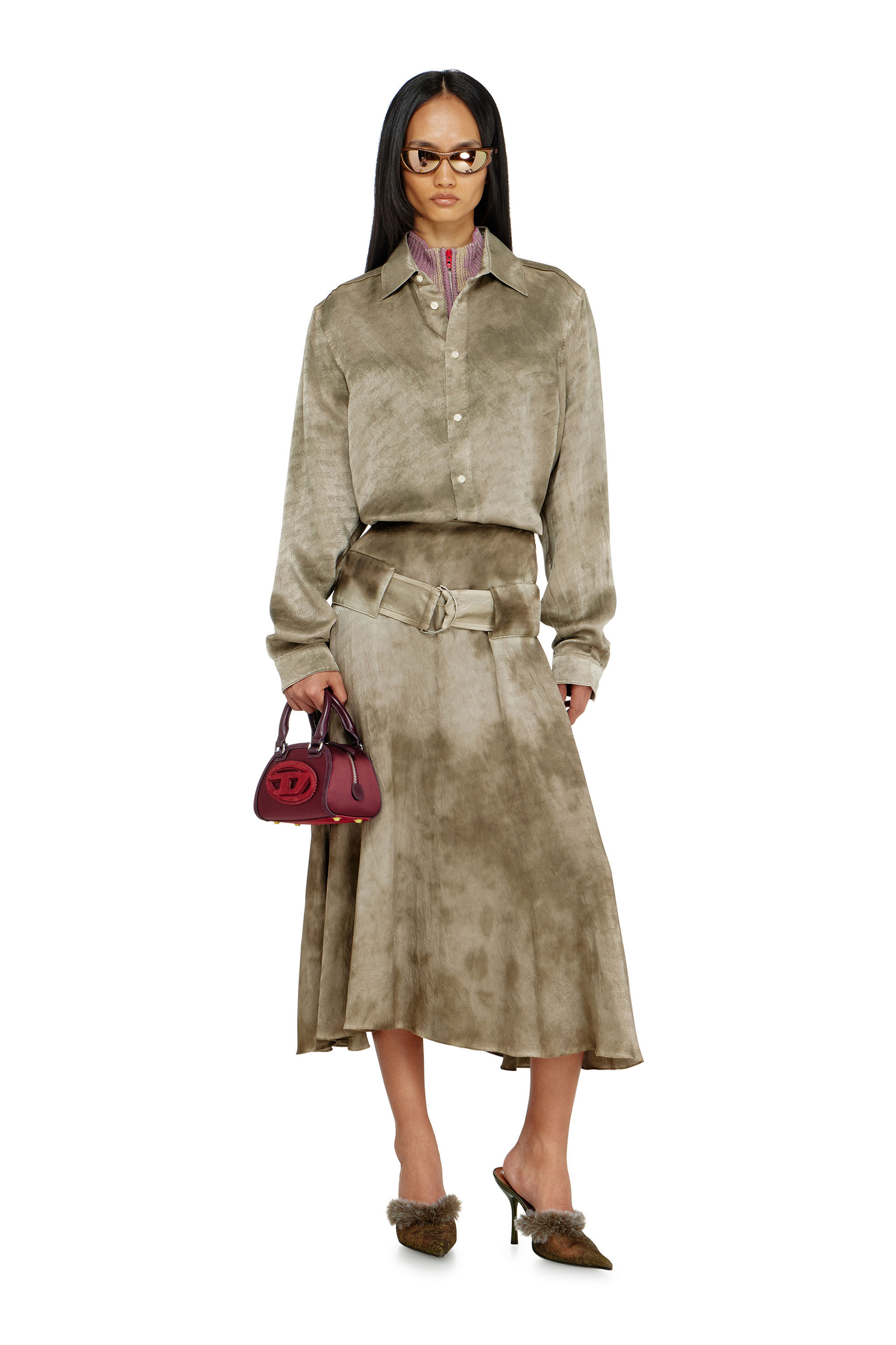Diesel - O-DYLE, Gonna midi con cintura in raso jacquard logo Donna in ToBeDefined - 1