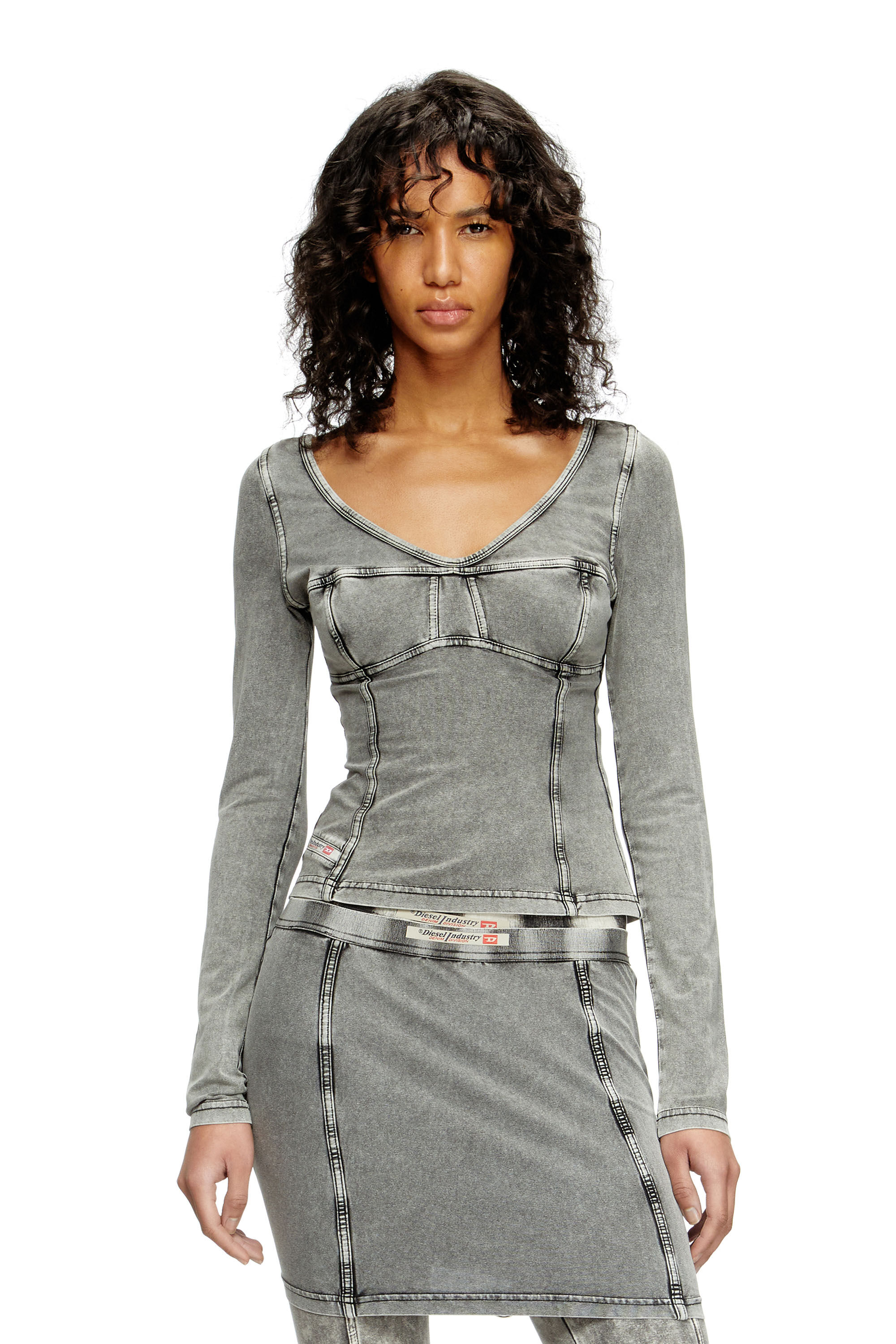 Diesel - T-ELIN, Top à manches longues à effet denim Femme in Gris - 3