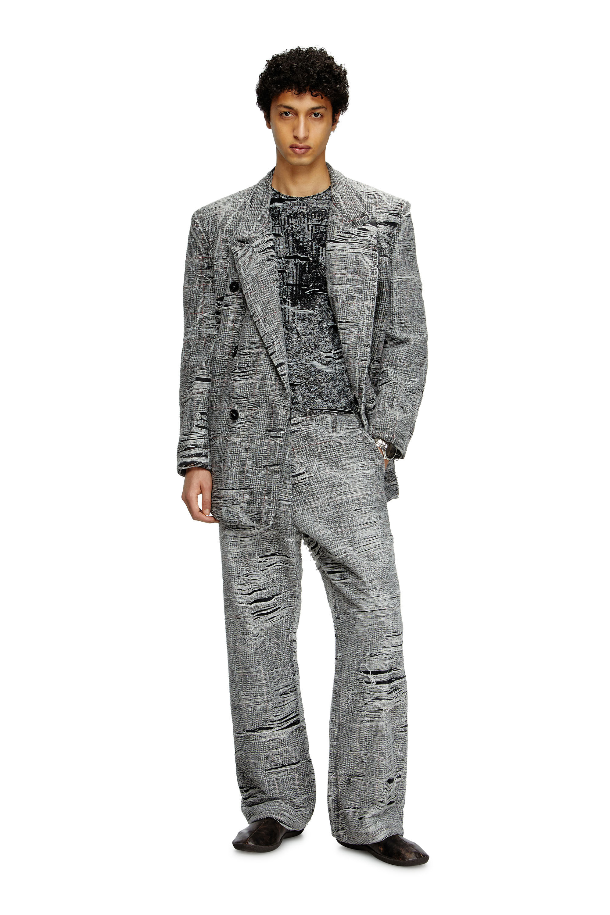 Diesel - D-PEKKA-FSG, Blazer in denim distressed Principe di Galles Uomo in Grigio - 1
