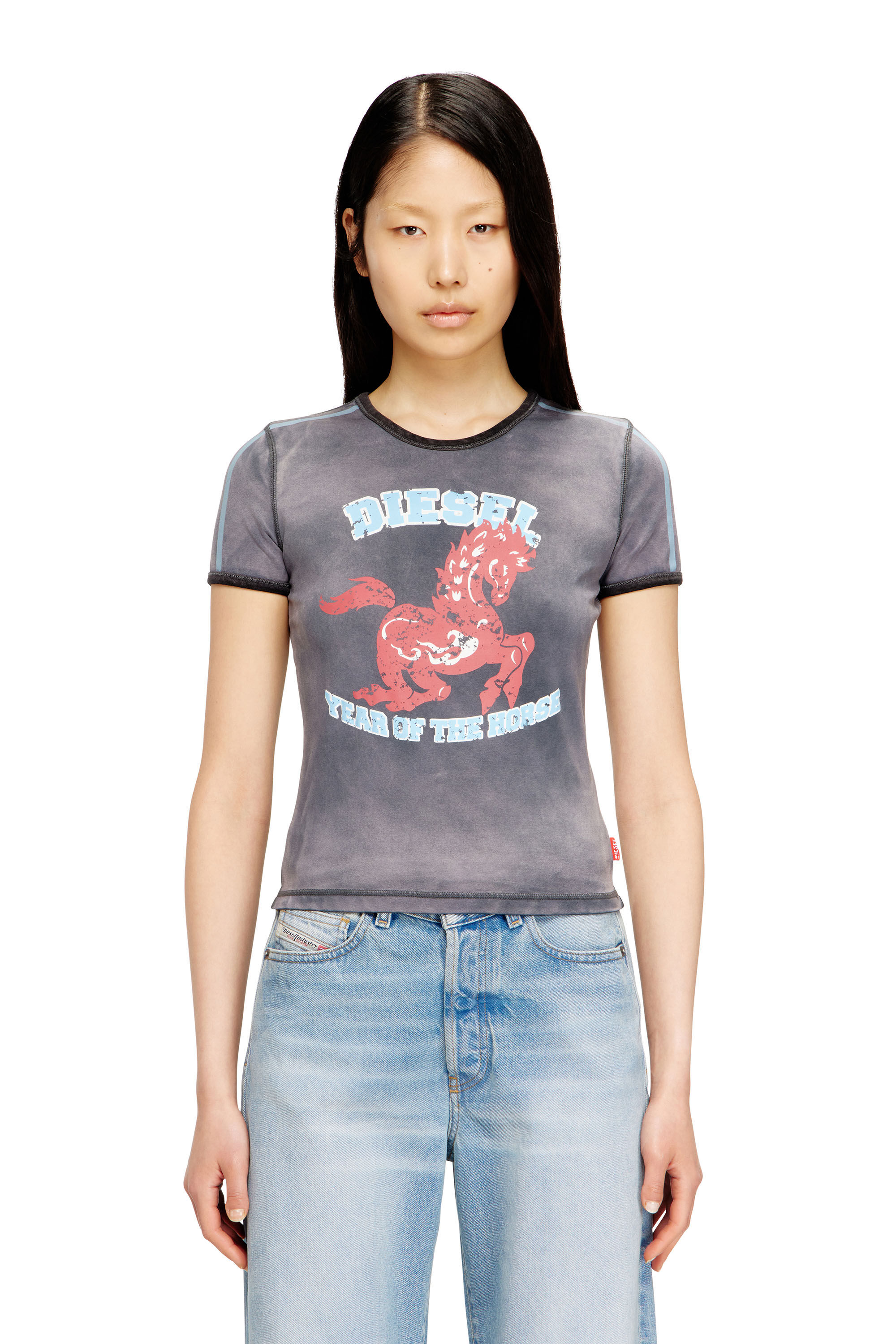Diesel - CL-T-UNCUTIE-HORSE, T-shirt in jersey di cotone elasticizzato con stampa grafica di cavallo Donna in Nero - 3