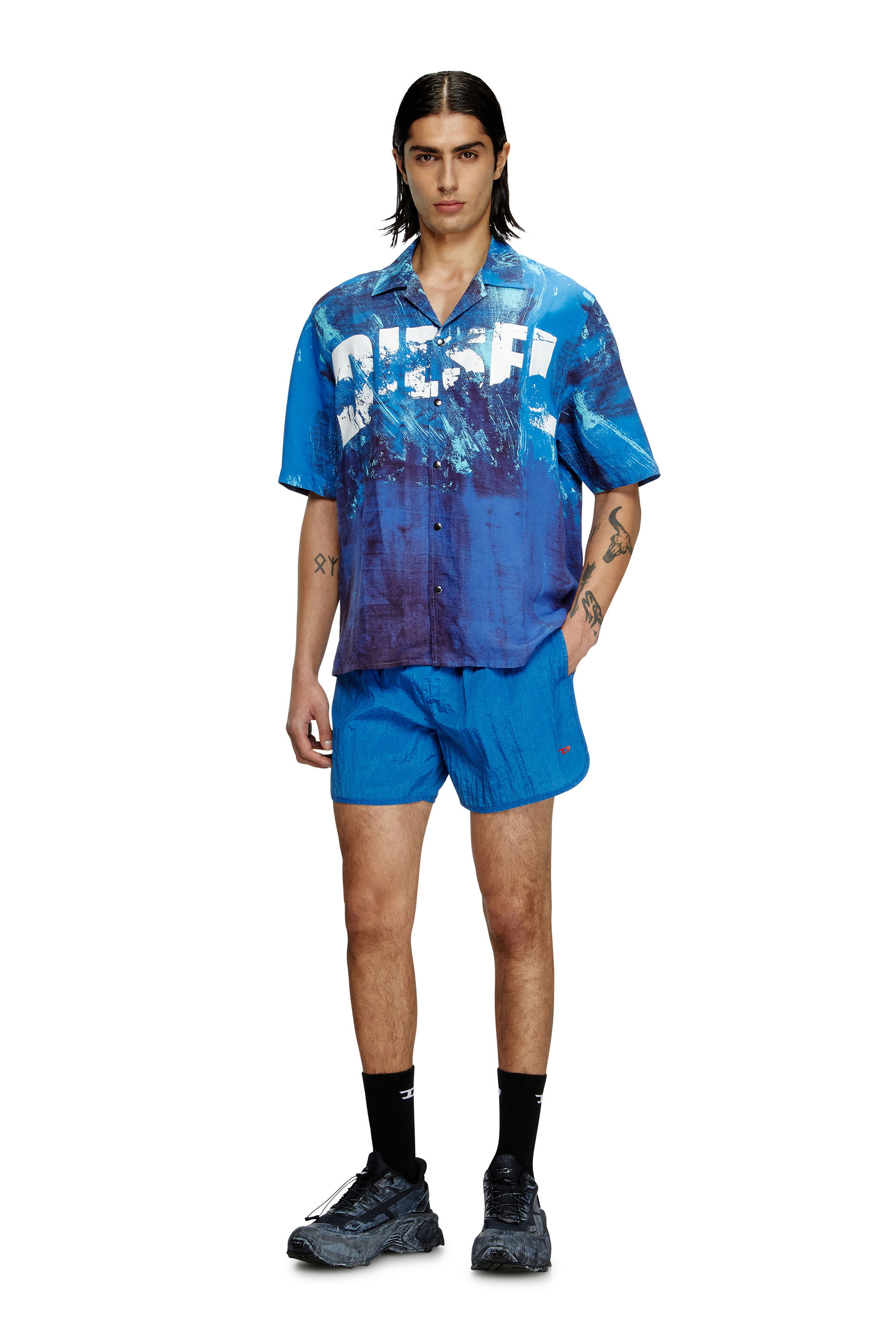 Diesel - CHARLES-D-POP, Camicia da mare in misto lino stampato Uomo in Blu - 2