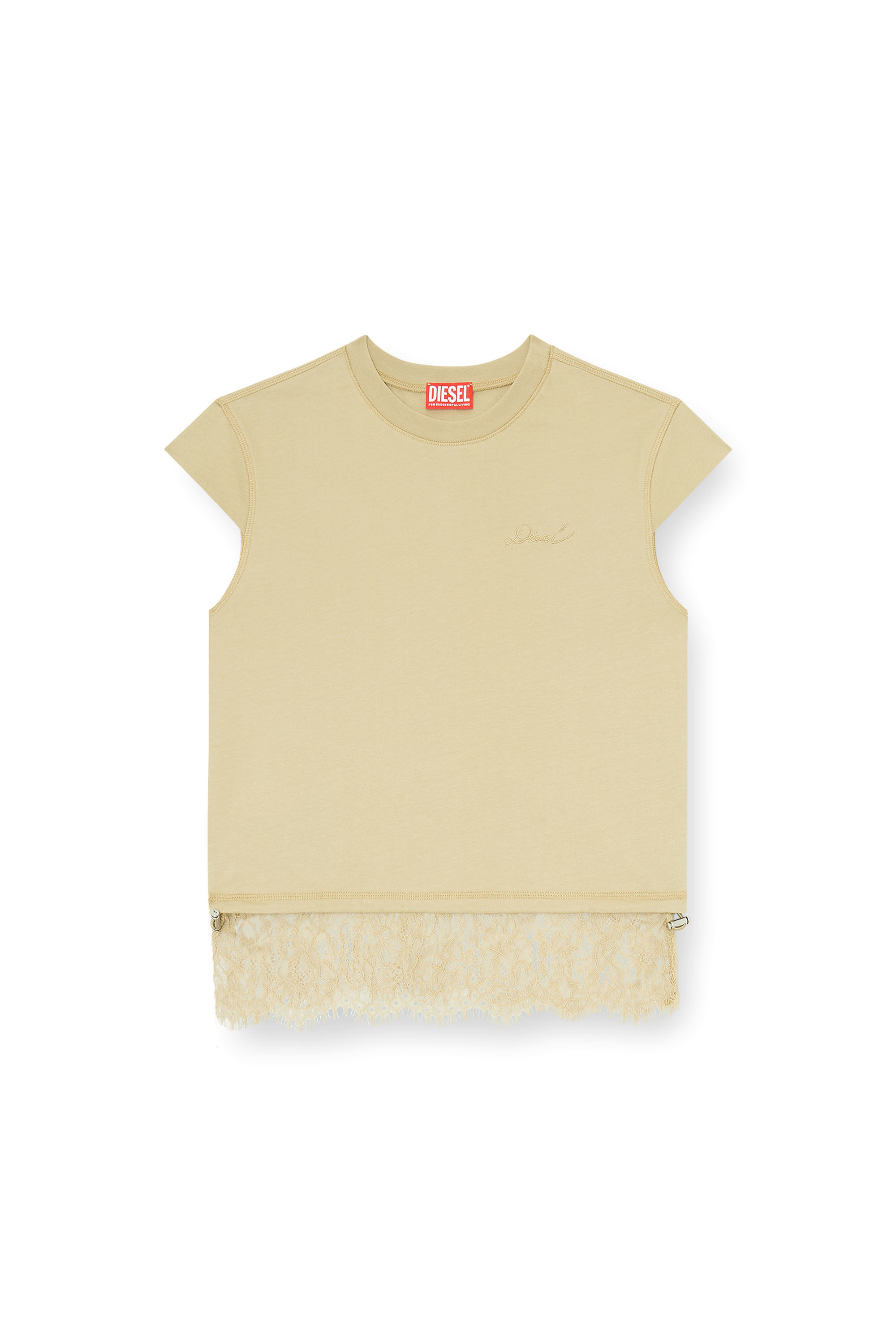 Diesel - T-LUNA, T-shirt in jersey con orlo in pizzo Donna in Beige - 2