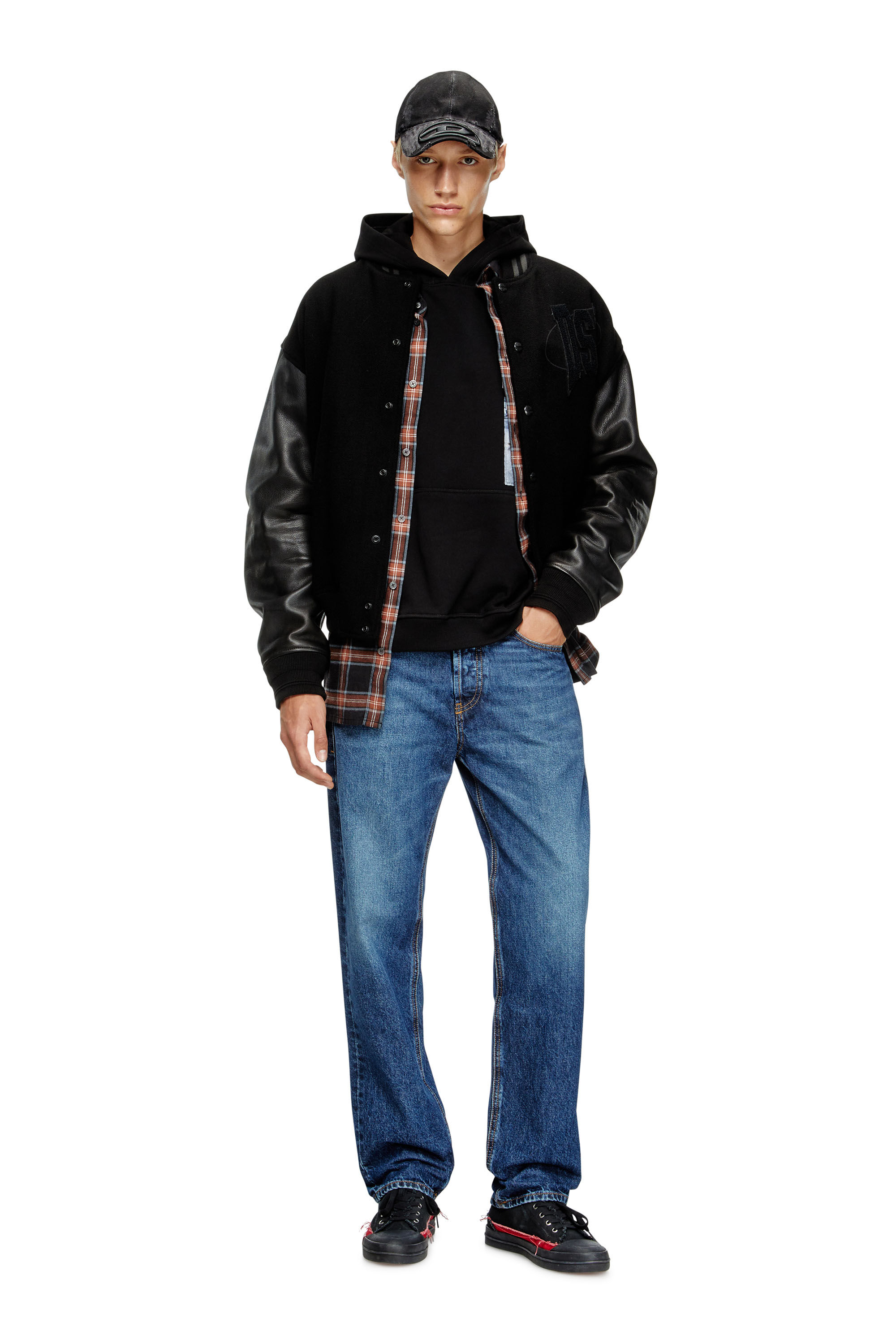 Diesel - L-NYMAN, Bomber varsity in cotone e pelle Uomo in Nero - 1