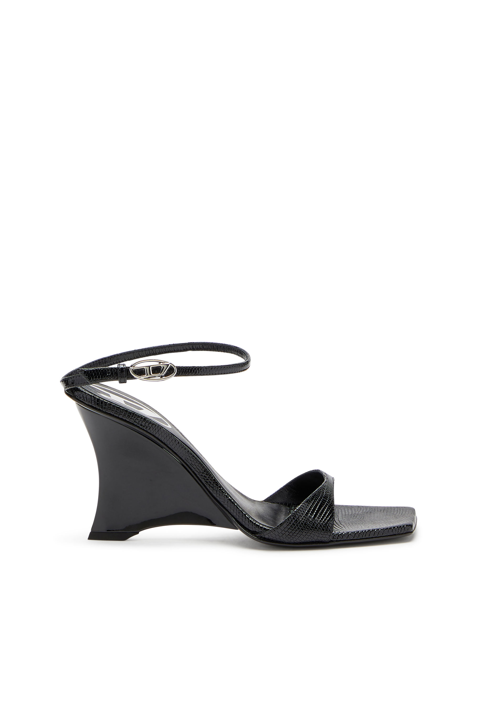 Diesel - D-AMBER SANDAL WEDGE, D-Amber-Sandali a zeppa in pelle effetto lucertola Donna in Nero - 1