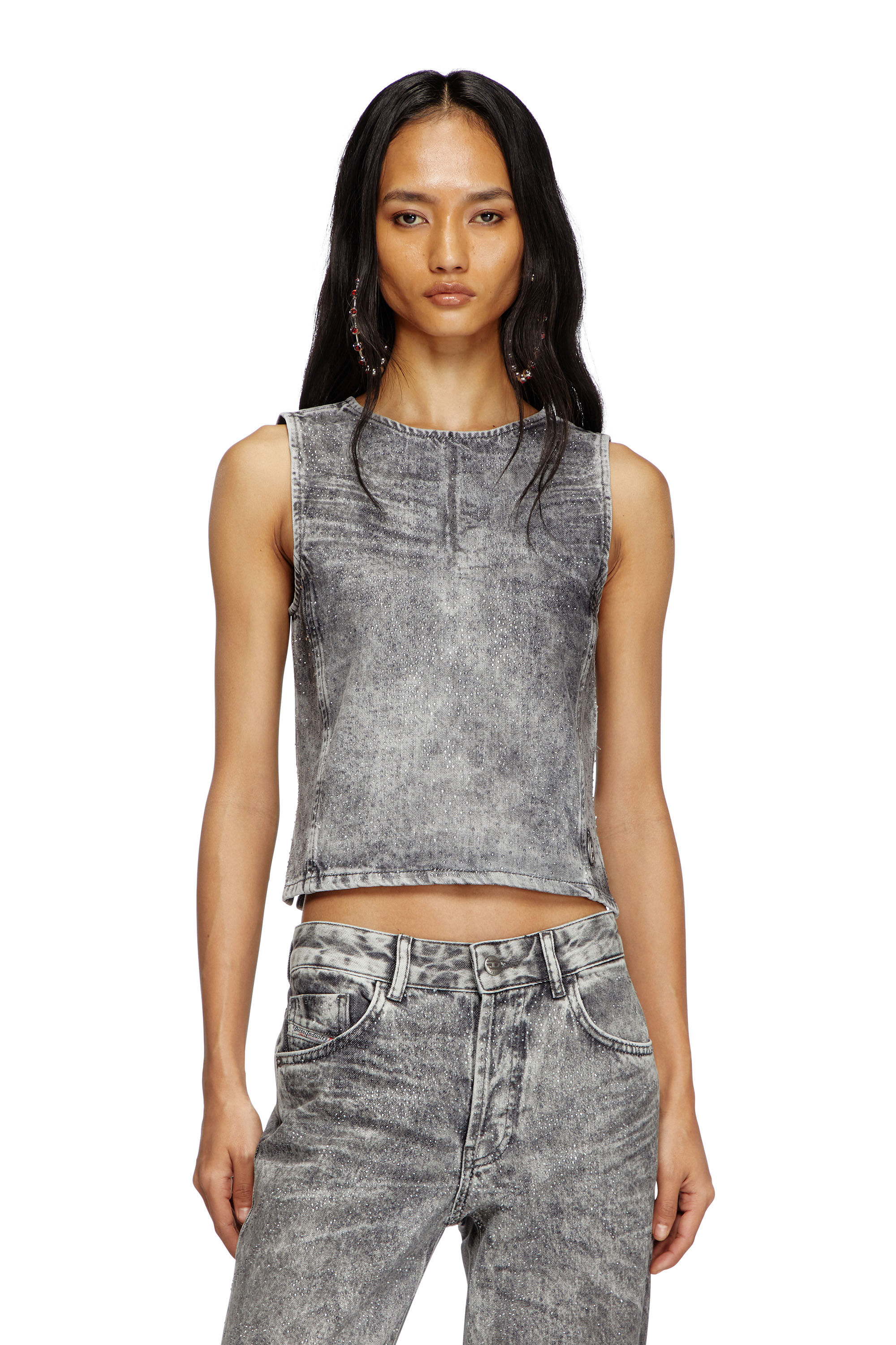 Diesel - DE-PINAR-S, Top a canotta in denim con cristalli Donna in Grigio - 3