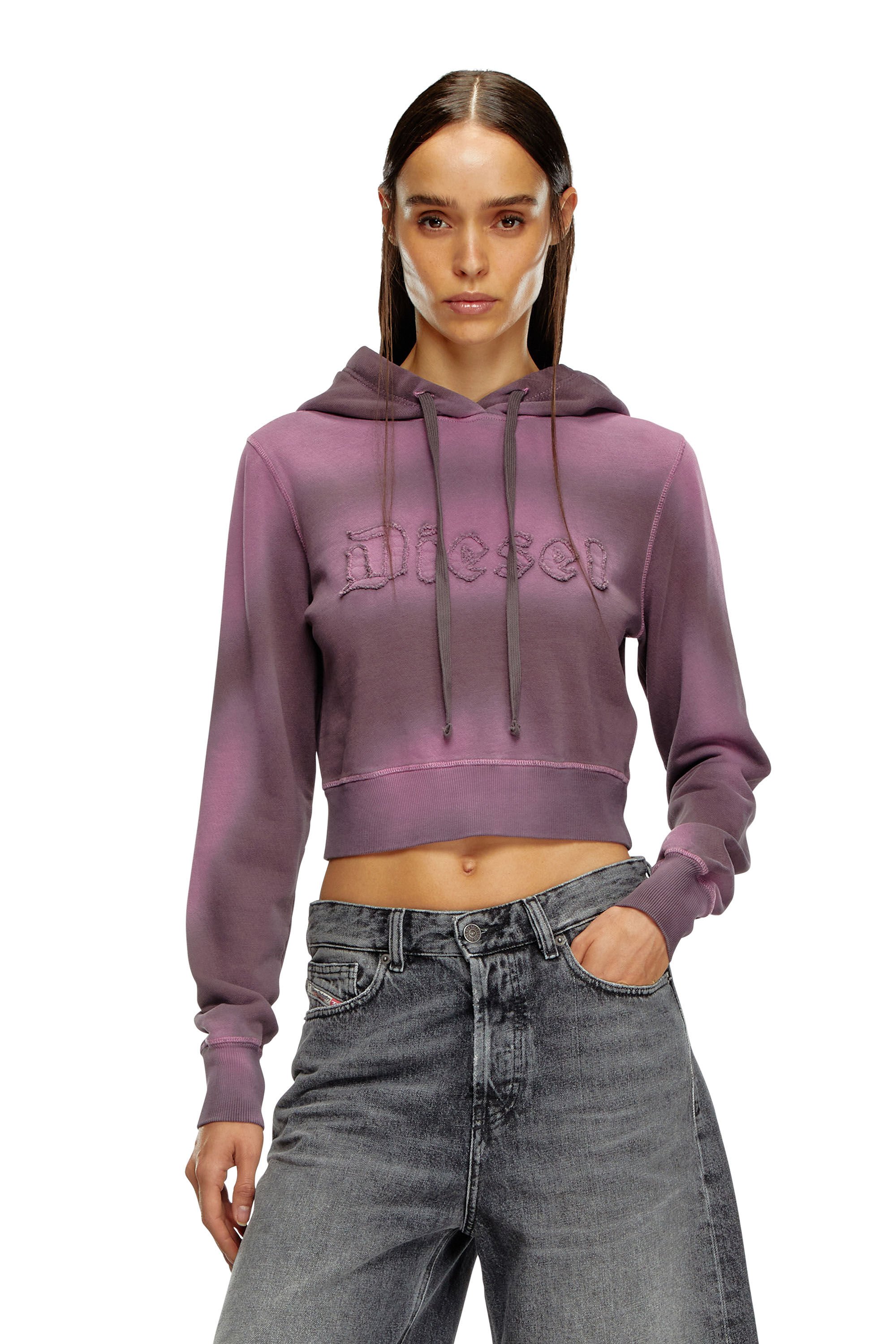Diesel - F-SLIMMY-HOOD-P1, Femme Sweat-shirt à capuche surteint avec logo effiloché in Violet - Image 3