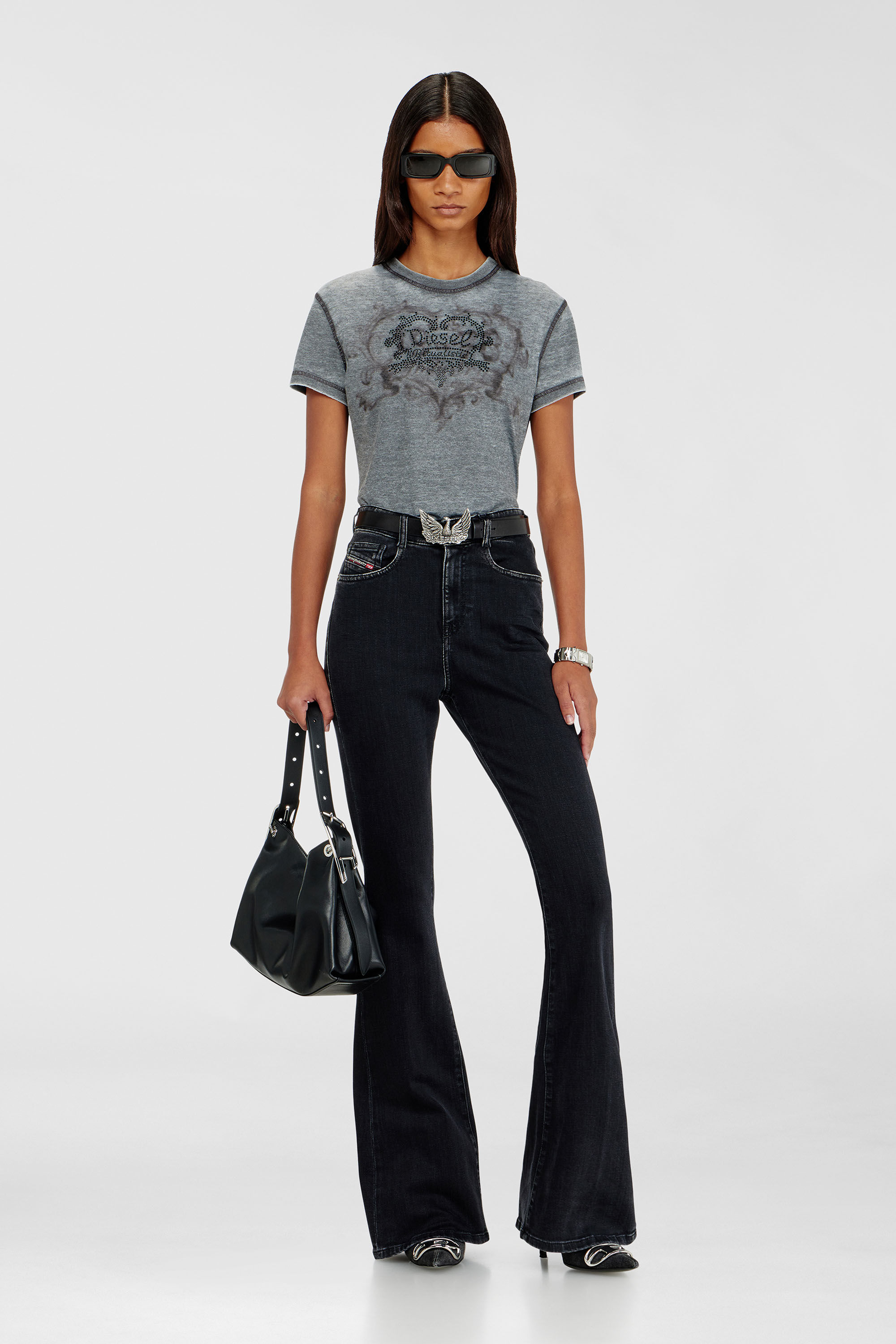 Diesel - T-ILA-AA1, T-shirt in jersey con strass ed effetto burnout Donna in Grigio - 1