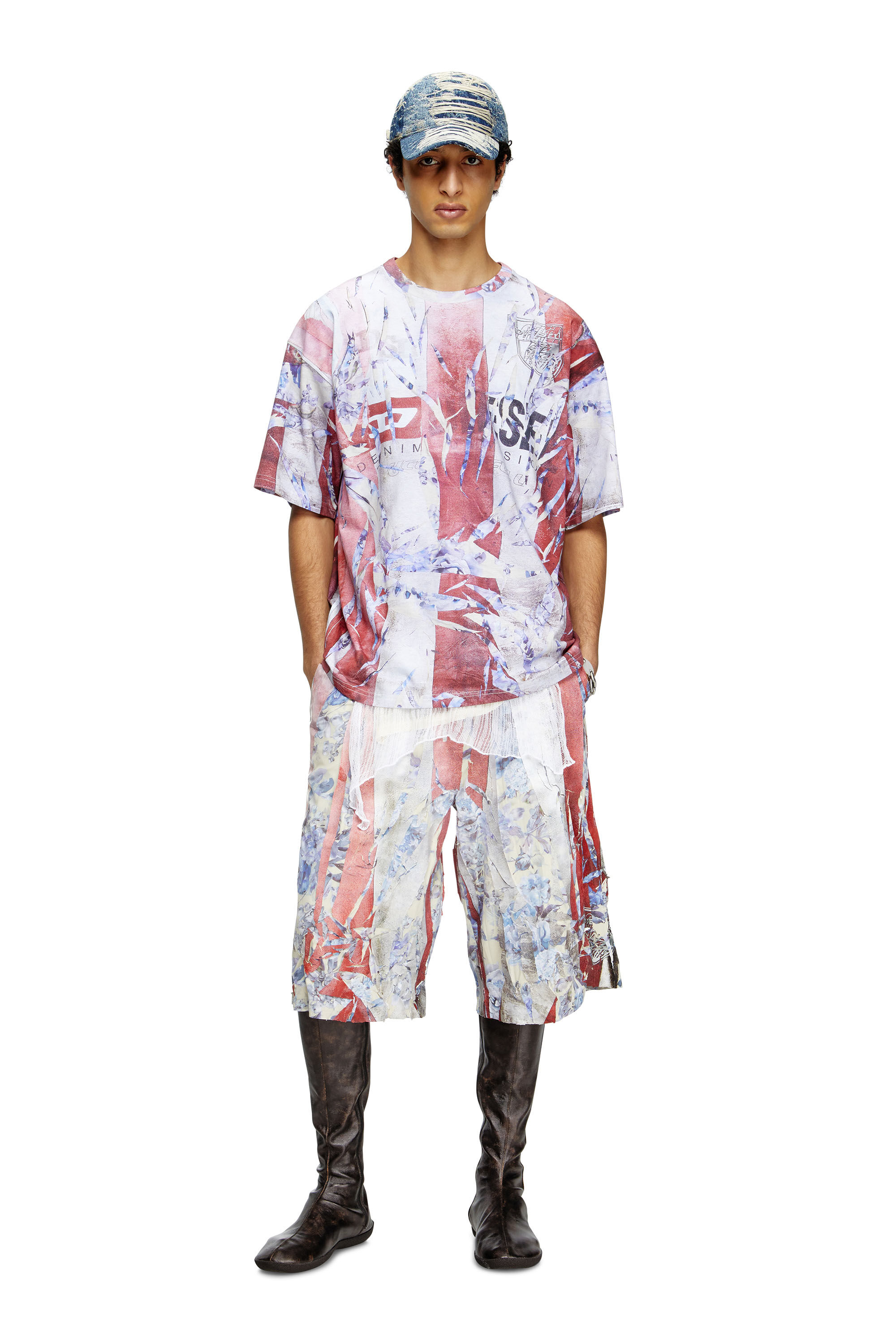 Diesel - T-BOXT-R13, Herren T-Shirt mit gerissenem Trompe l'œil-Print in Rot/Weiss - 1