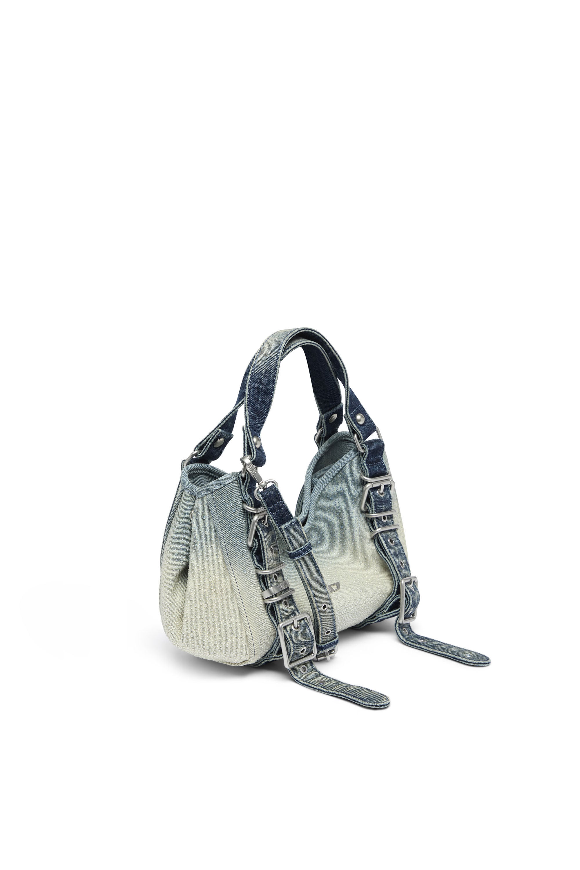 Diesel - D-ONE TOPHANDLE S, Damen D-One-Small Henkeltasche aus solarisiertem Denim mit Kristallen in Blau - 5