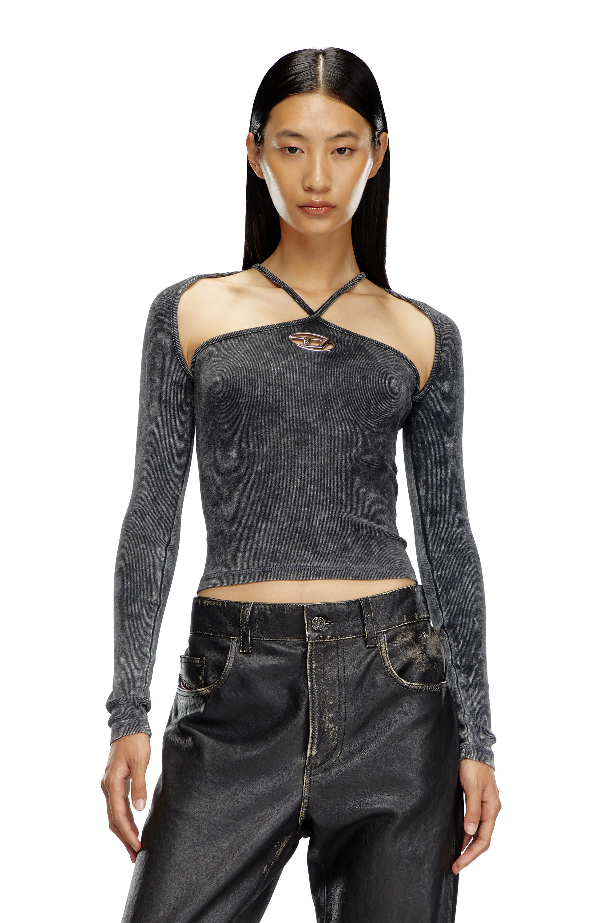 Diesel - T-MARINEL, Woman Ribbed long-sleeve top with cross-over straps in Black - Image 3