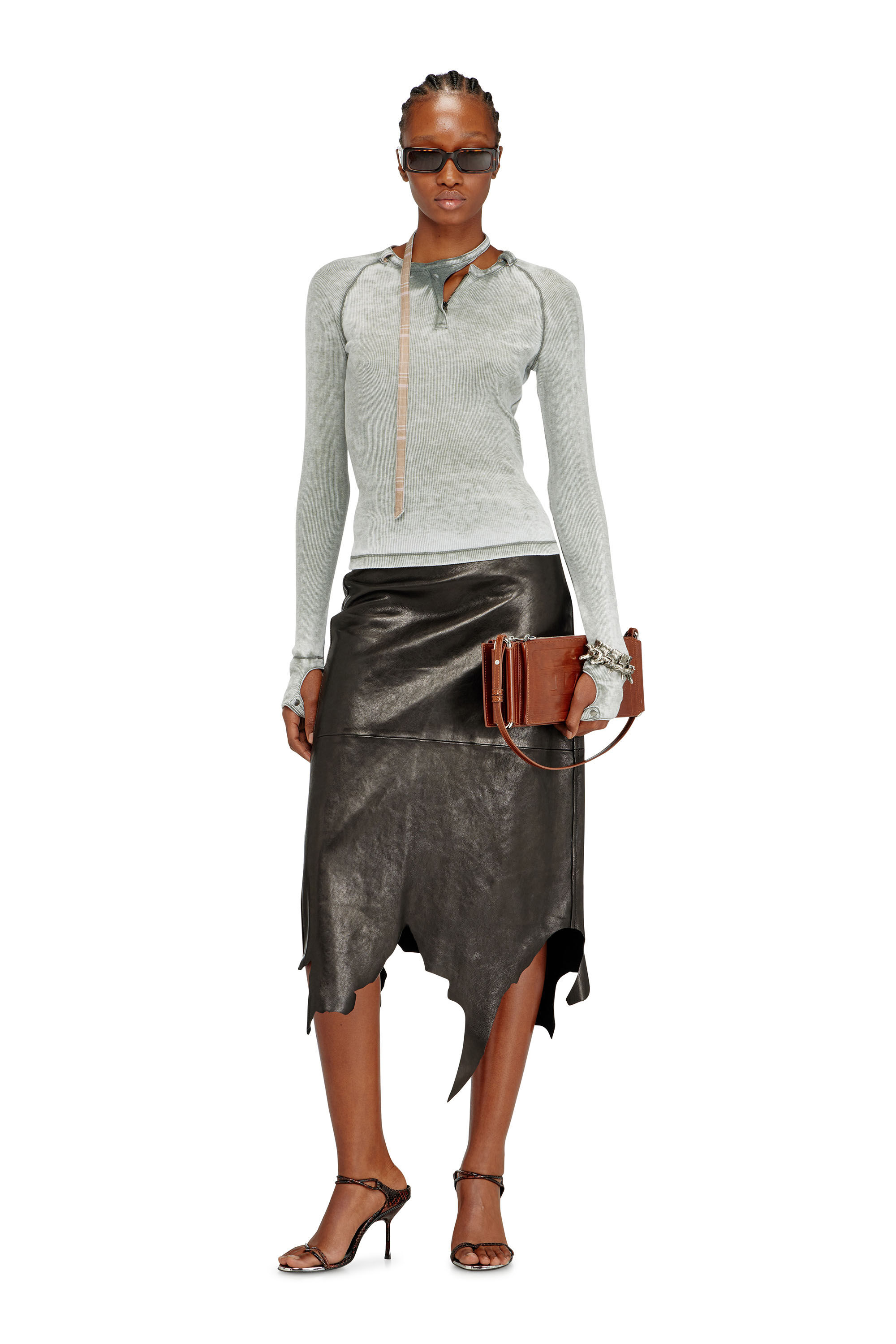 Diesel - L-TORN, Gonna midi in pelle con orlo irregolare Donna in Nero - 1