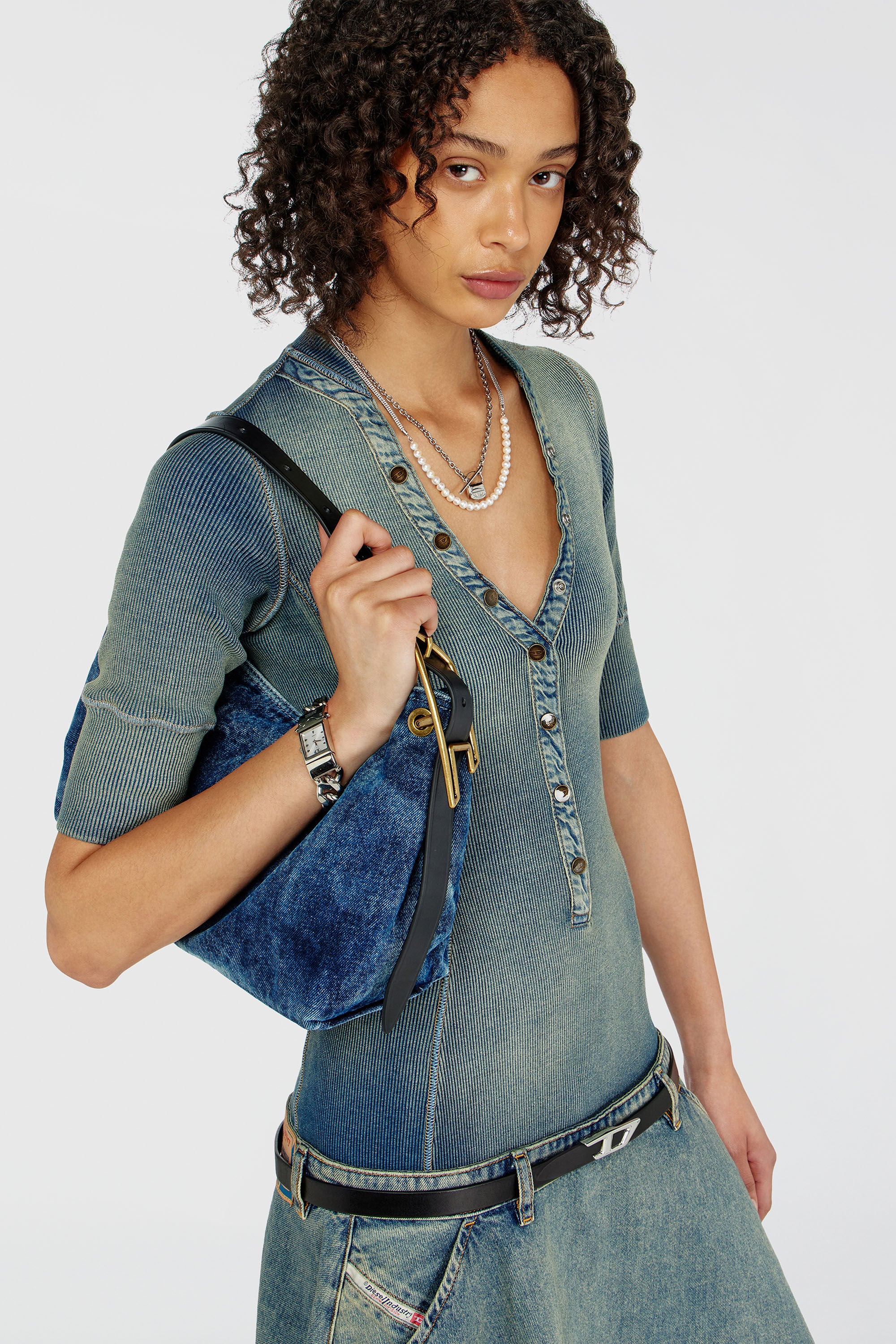 Diesel - DE-ANIM-S, Robe midi &agrave; taille basse en maille et denim Femme in Bleu - 5