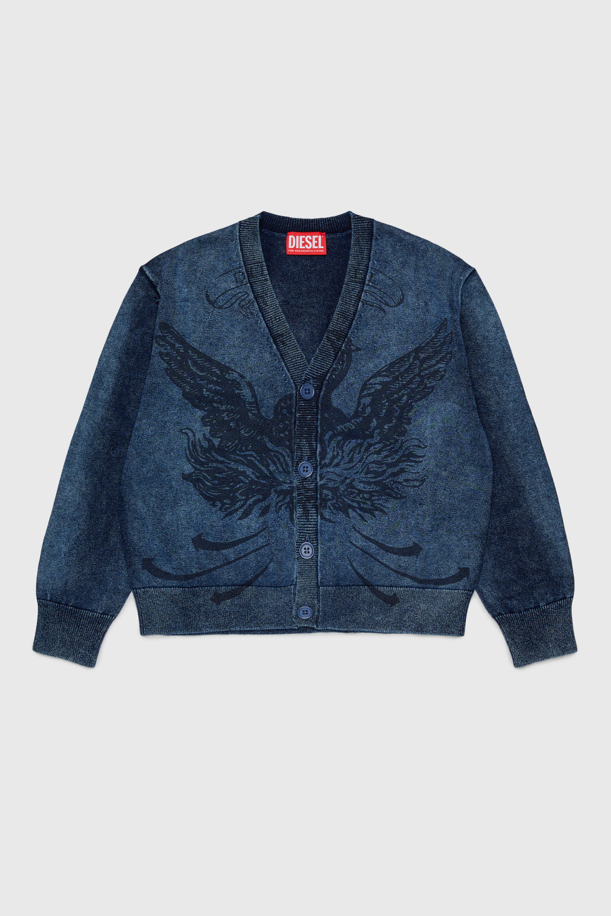 Diesel - KFINNIC CARDIGAN OVER, Cardigan effetto denim con motivo fenice Uomo in Blu - 1