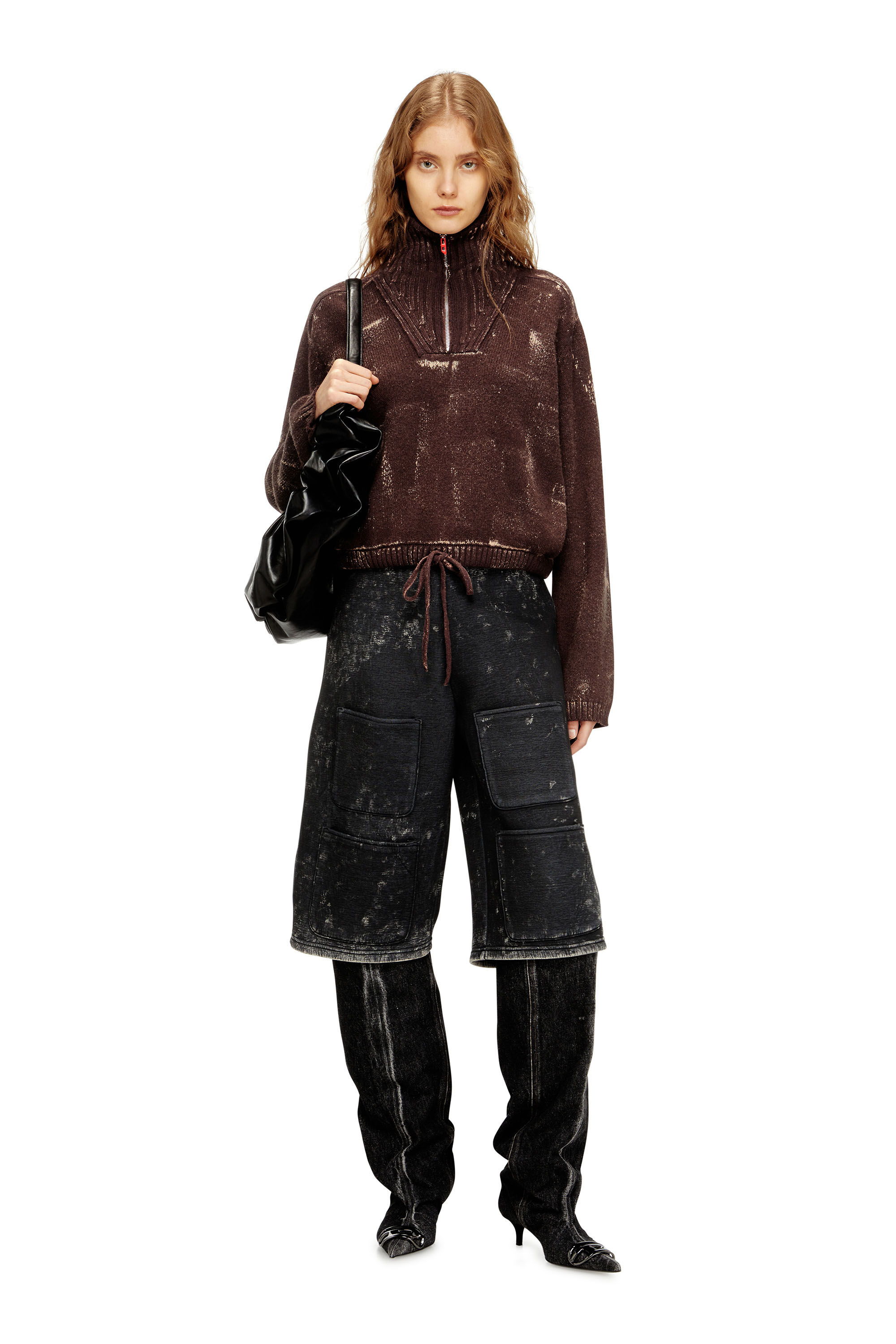 Diesel - M-MARCELLETTE, Damen Half-Zip-Pullover mit Used-Effekt in Braun - 1