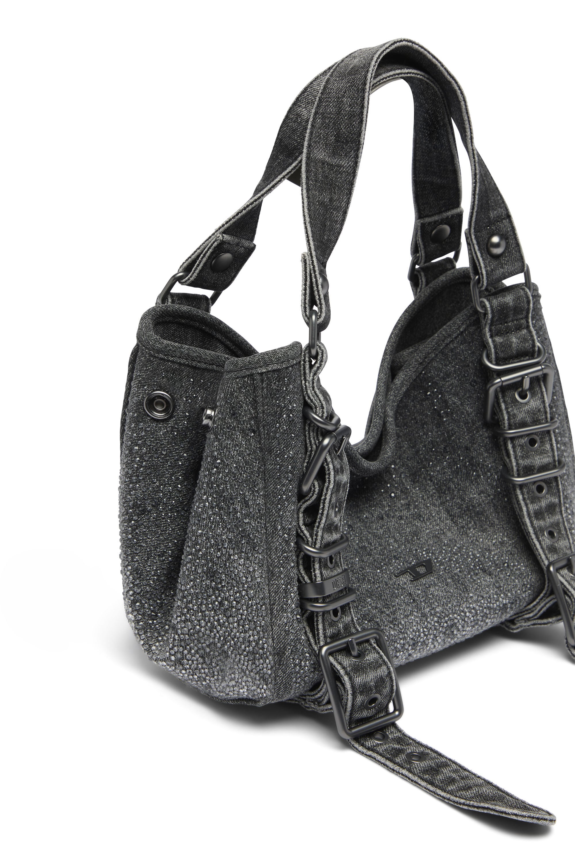 Diesel - D-ONE TOPHANDLE S, Damen D-One-Small Henkeltasche aus solarisiertem Denim mit Kristallen in Schwarz - 5