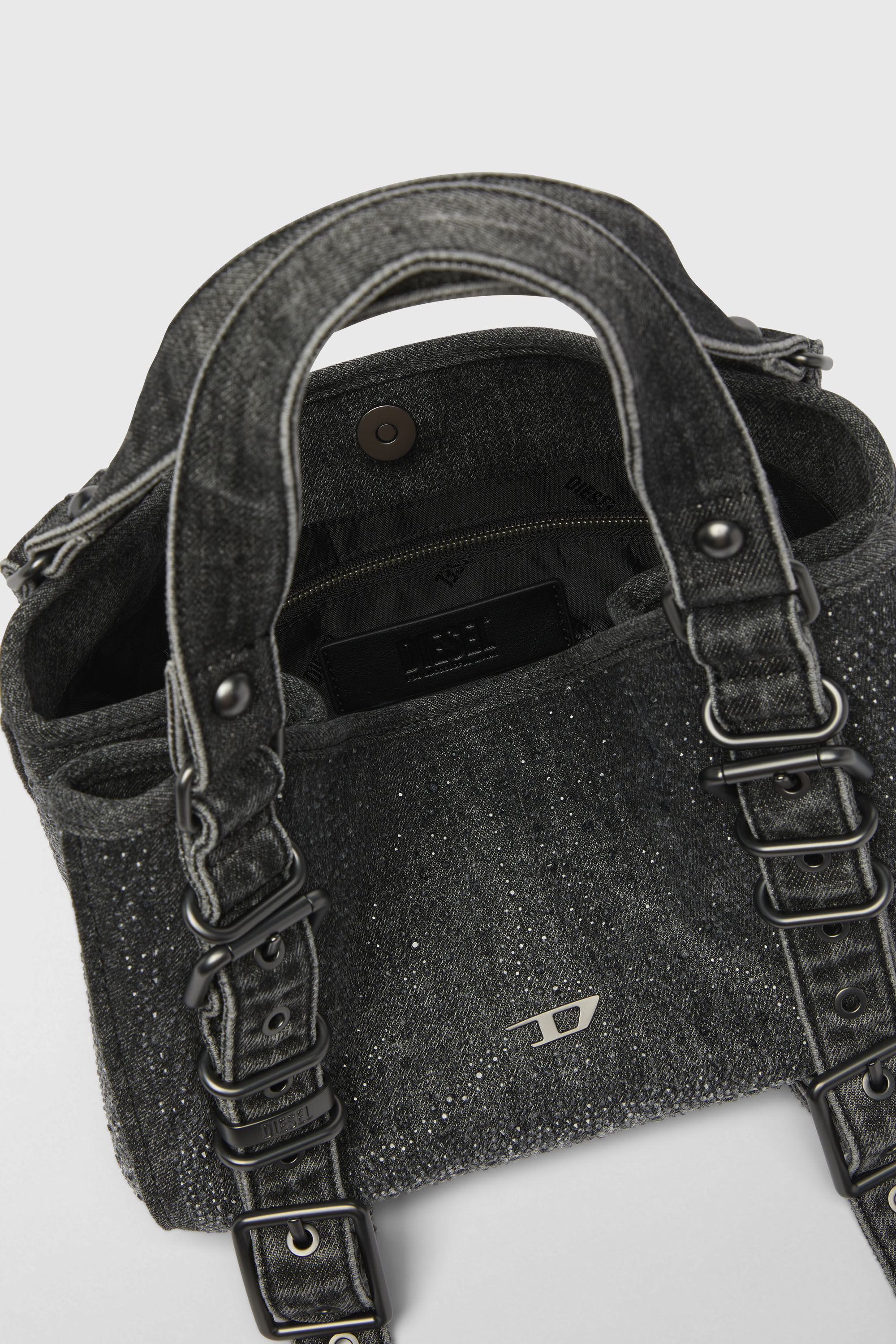 Diesel - D-ONE TOPHANDLE S, D-One-Borsa piccola a mano in denim solarizzato con cristalli Donna in Nero - 3
