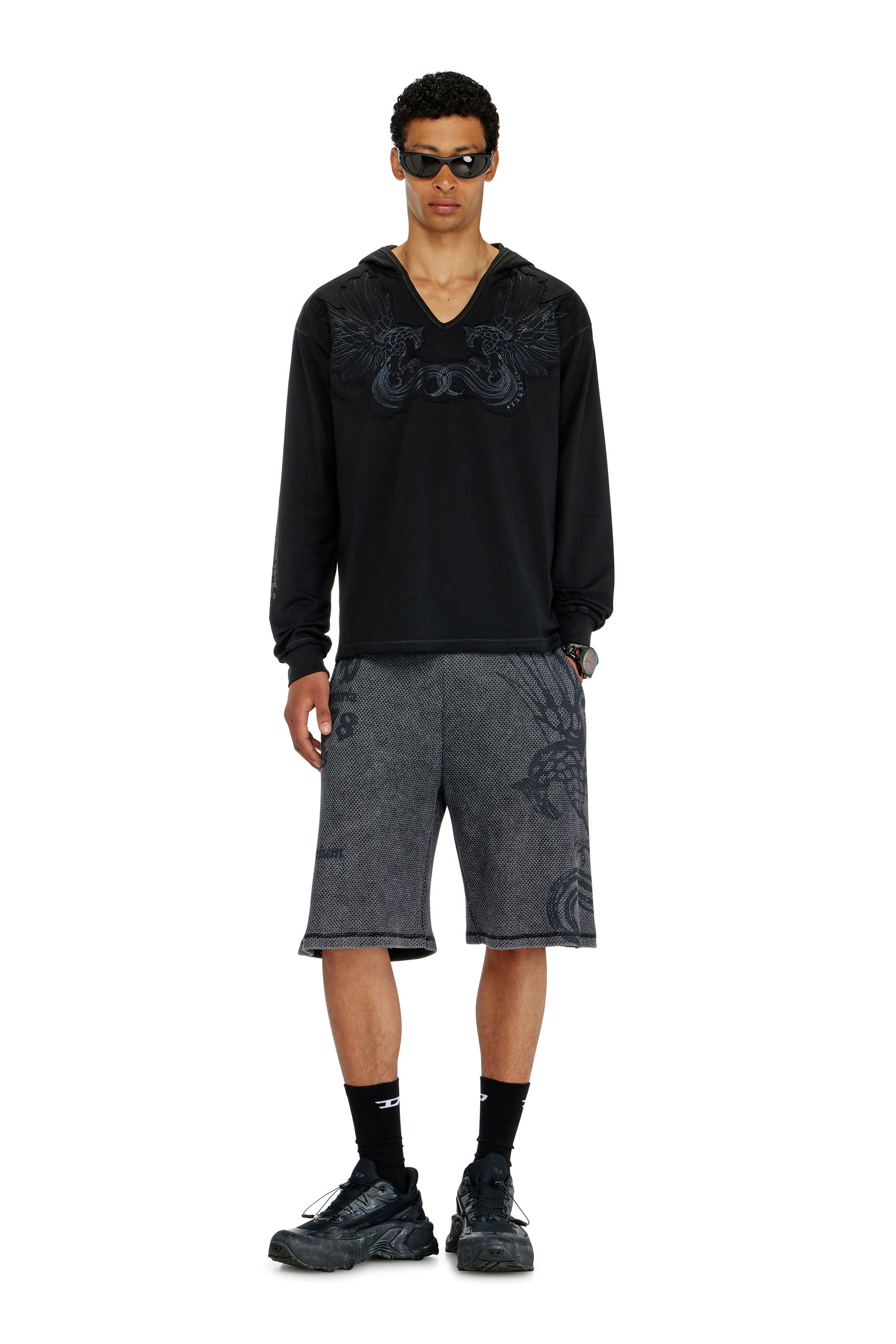 Diesel - T-PHEN-LS-HOOD-RIB, Herren Kapuzenpullover mit V-Ausschnitt und Stickerei vorn in Schwarz - 1