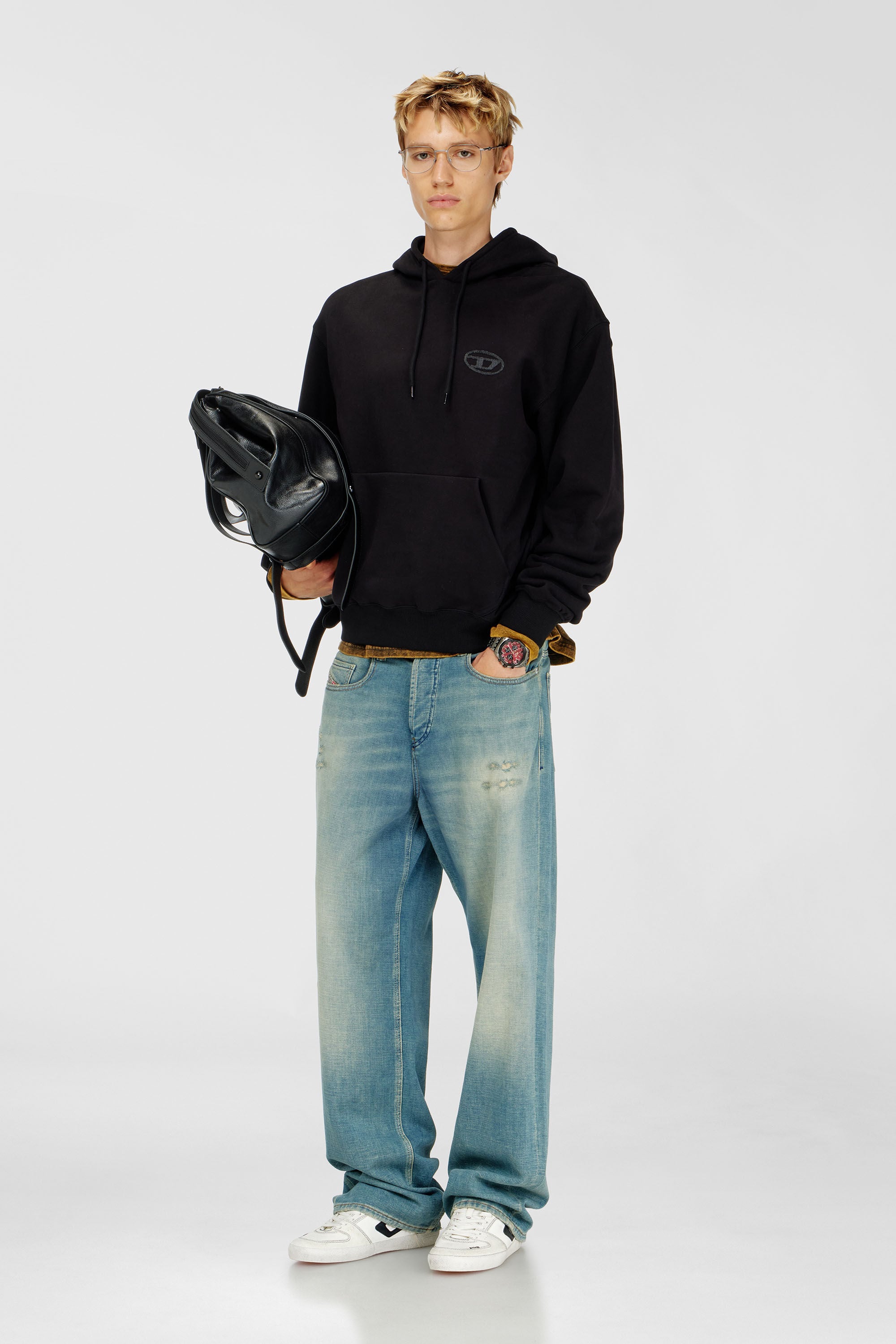 Diesel - S-LUK-H-T92, Felpa con cappuccio in cotone con ricamo Oval D tono su tono Uomo in Nero - 1