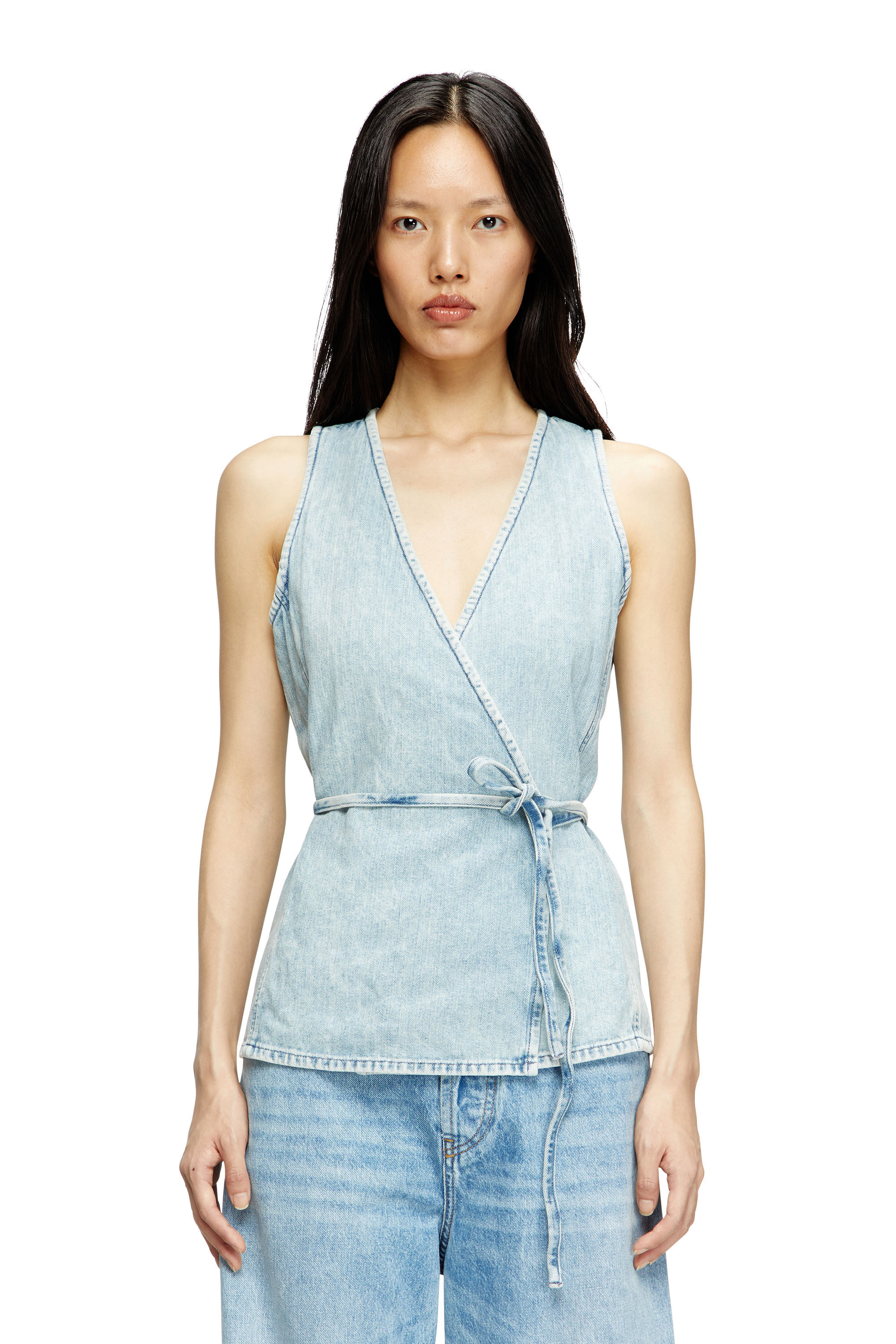 Diesel - DE-VERN, Damen Wickel-Top aus Fischgrät-Denim in Hellblau - 3