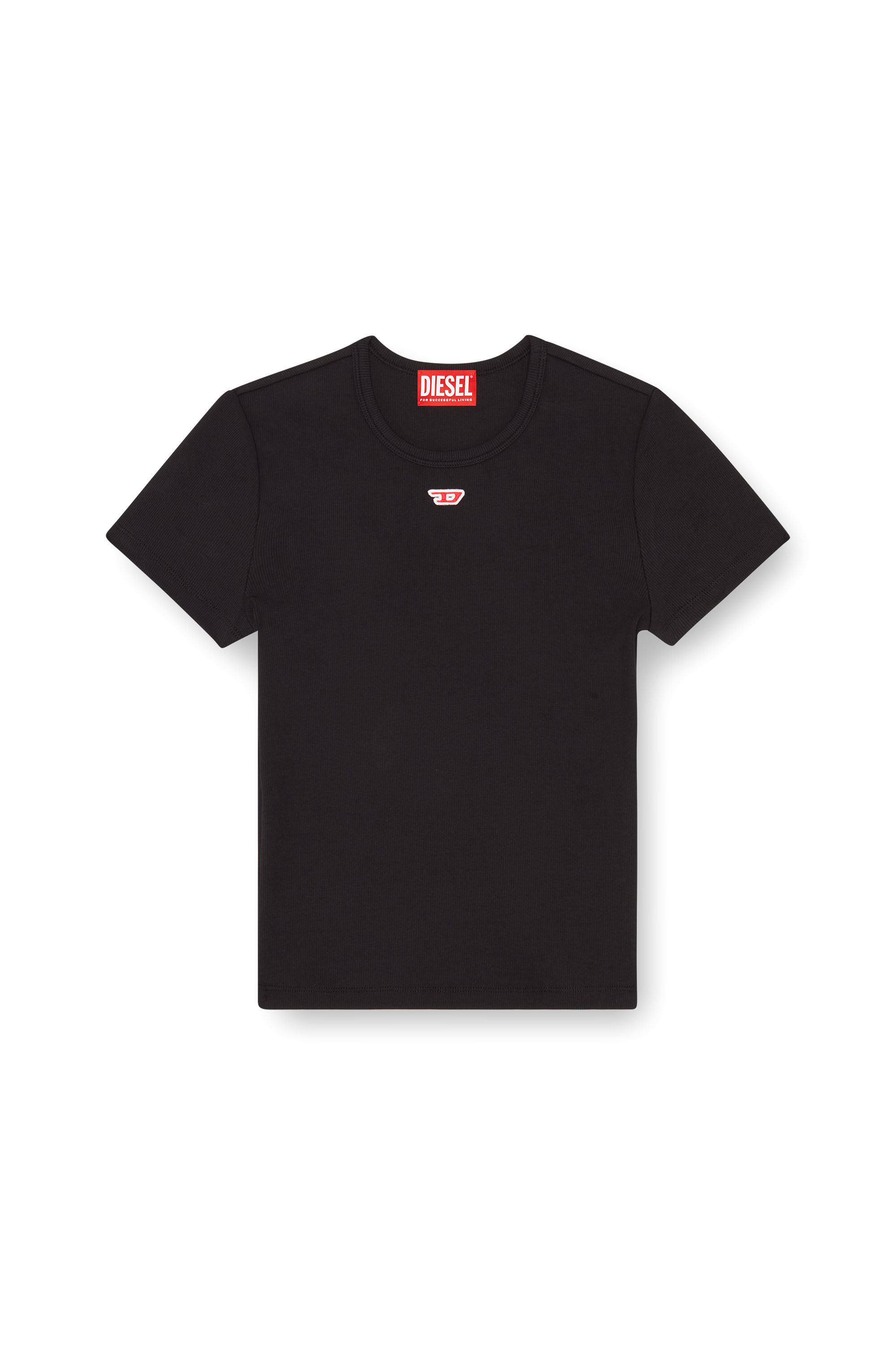 Diesel - T-ELE-LONG-D, T-shirt con patch logo D Donna in Nero - 2