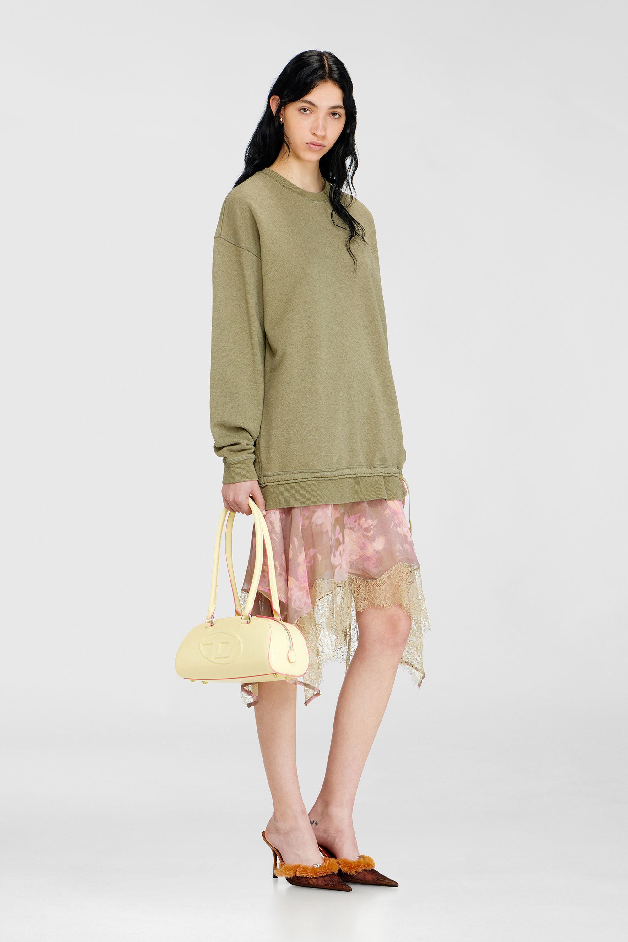 Diesel - D-ORELY, Damen Sweatshirt-Kleid mit Chiffon- und Spitz Rock in Rosa/Gr&uuml;n - 1