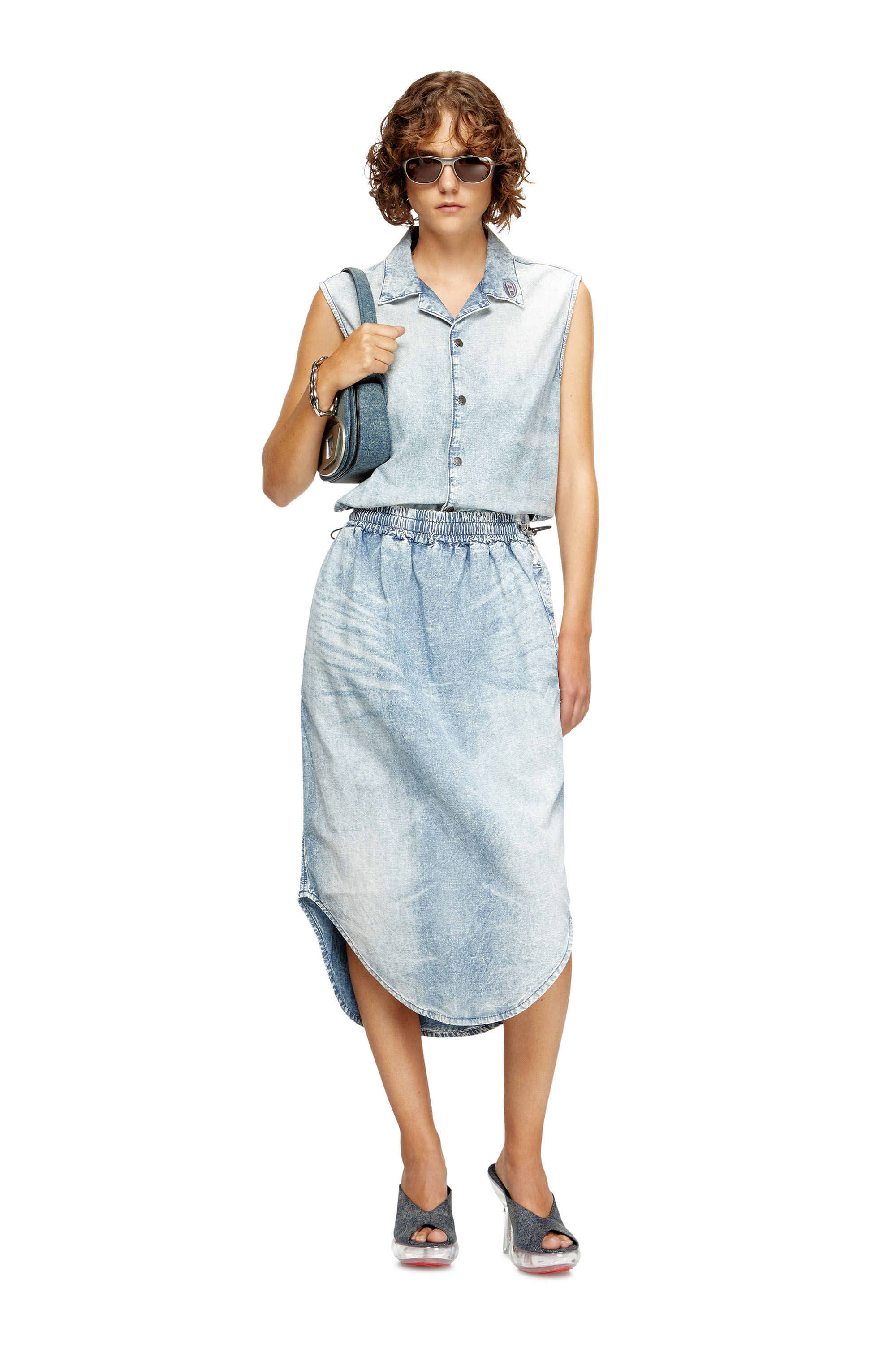 Diesel - DE-NABI-S, Haut sans manches en denim marbré Femme in Bleu - 1