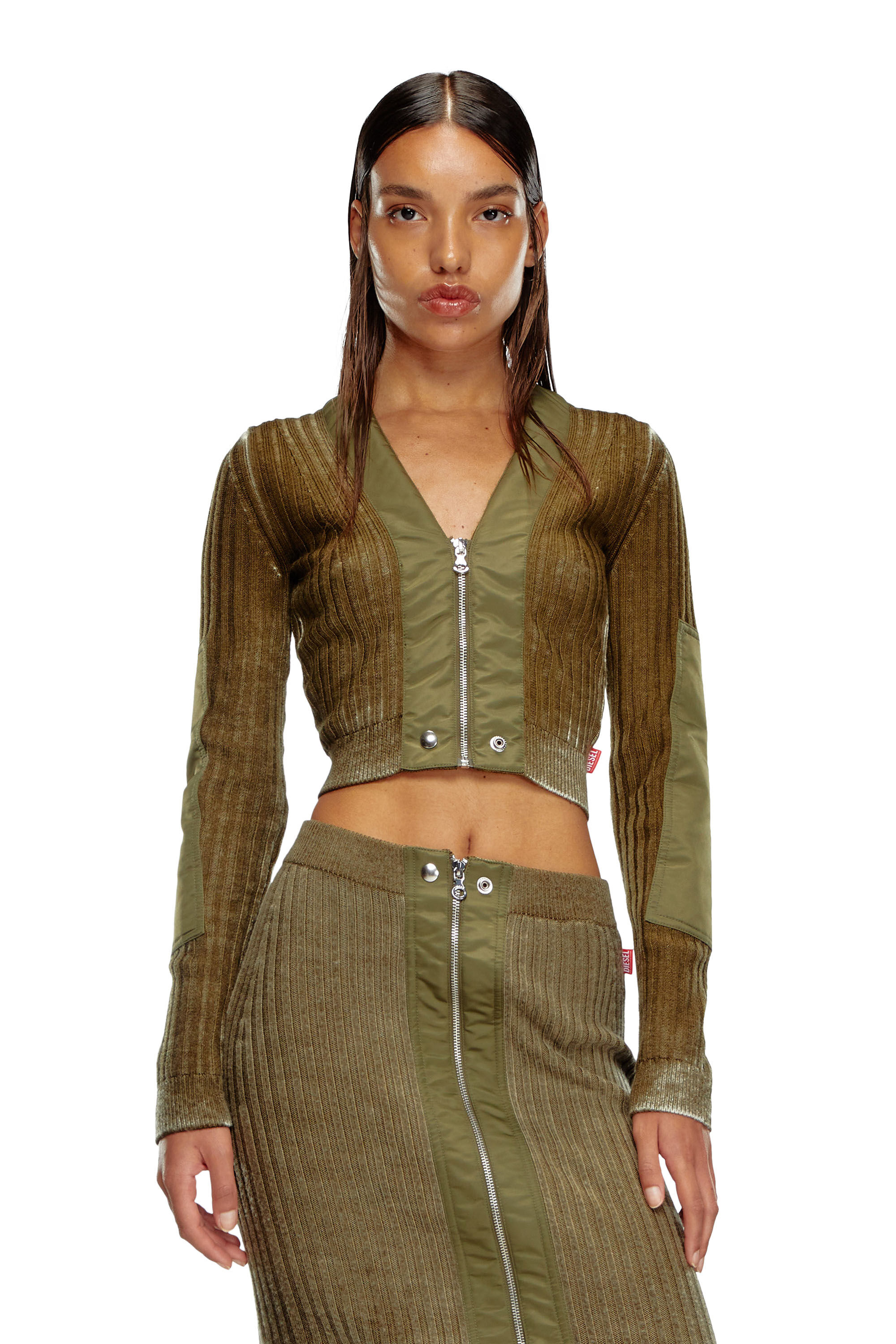 Diesel - M-ASERA, Femme Cardigan crop en laine avec bordures en nylon in Vert - Image 3