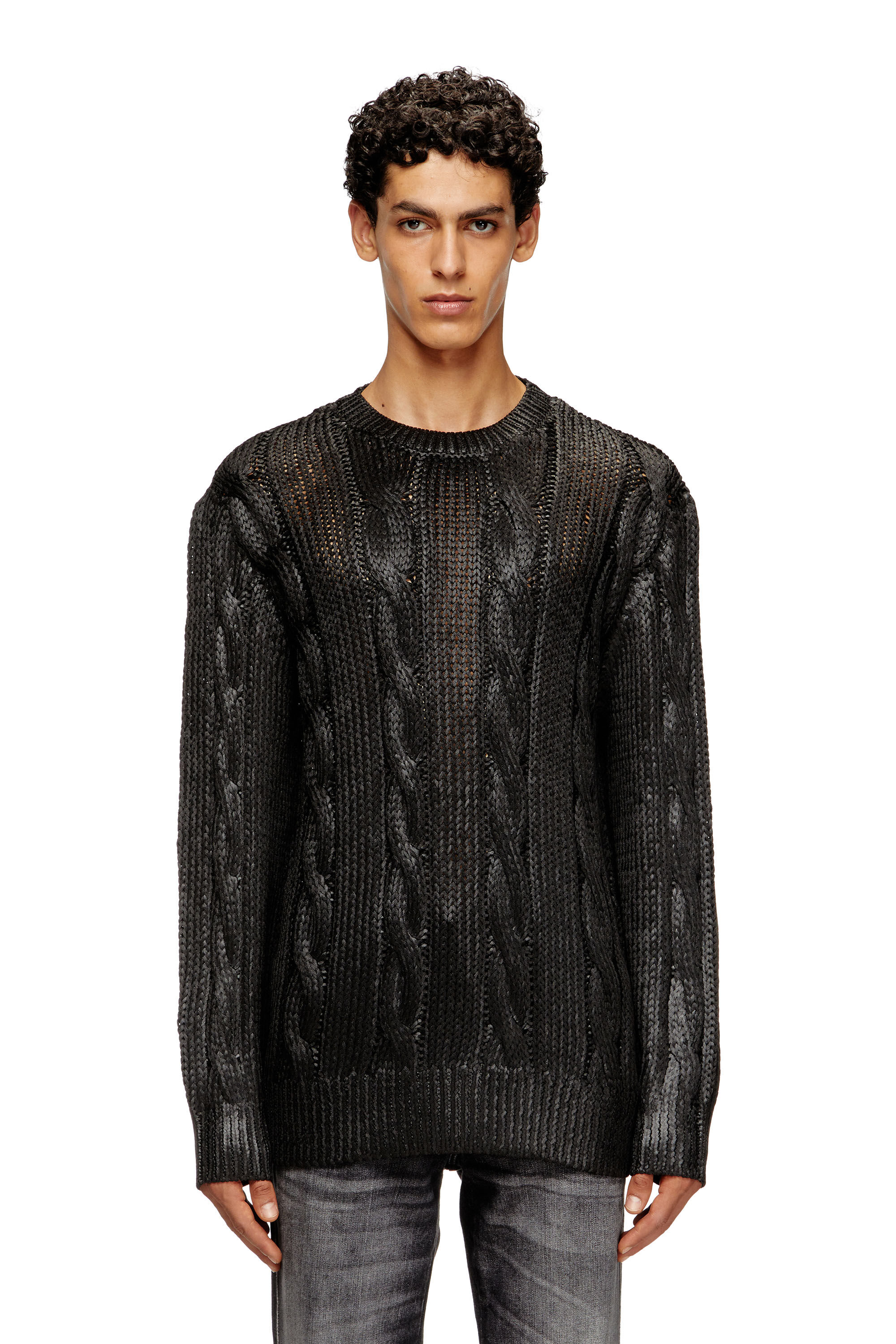 Diesel - K-MICHIU, Herren Pullover mit Zopf-Muster und Glanzeffekt in Schwarz - 2