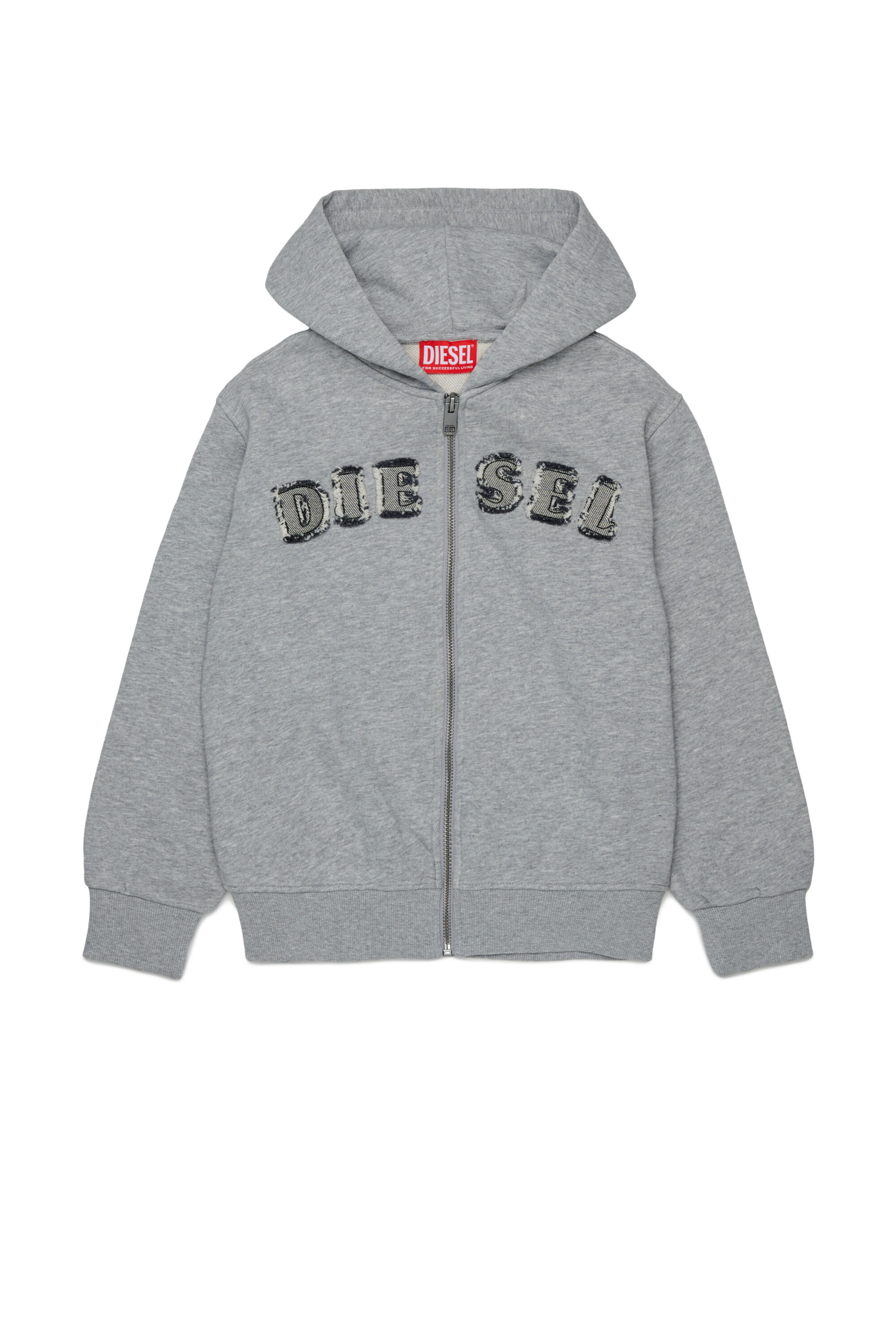 Diesel - SJEANSHOOD OVER, Sweat &agrave; capuche zipp&eacute; avec logo effiloch&eacute; Homme in Gris - 1