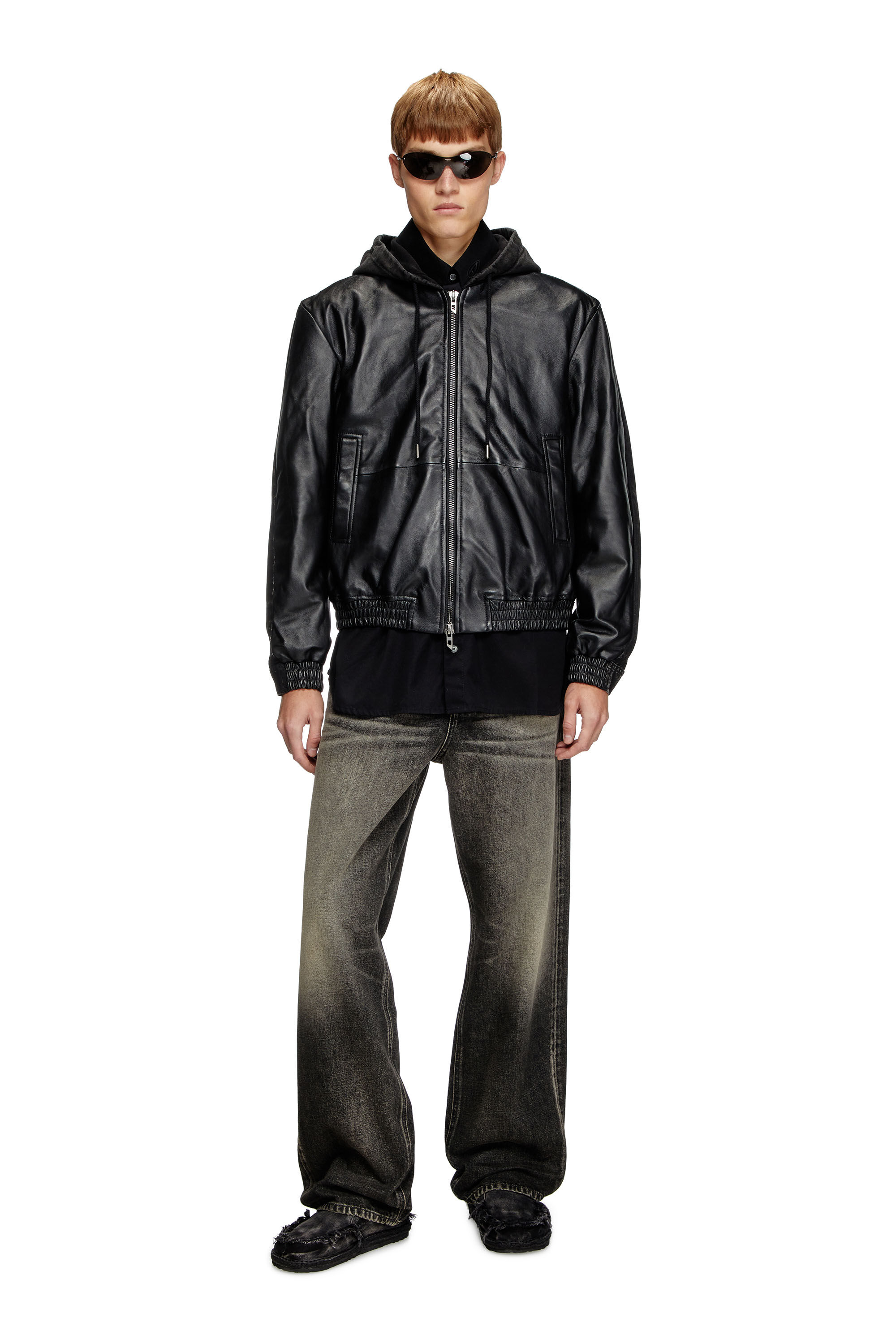 Diesel - L-OCHS, Giacca con cappuccio in pelle, cotone e denim Uomo in Nero - 1