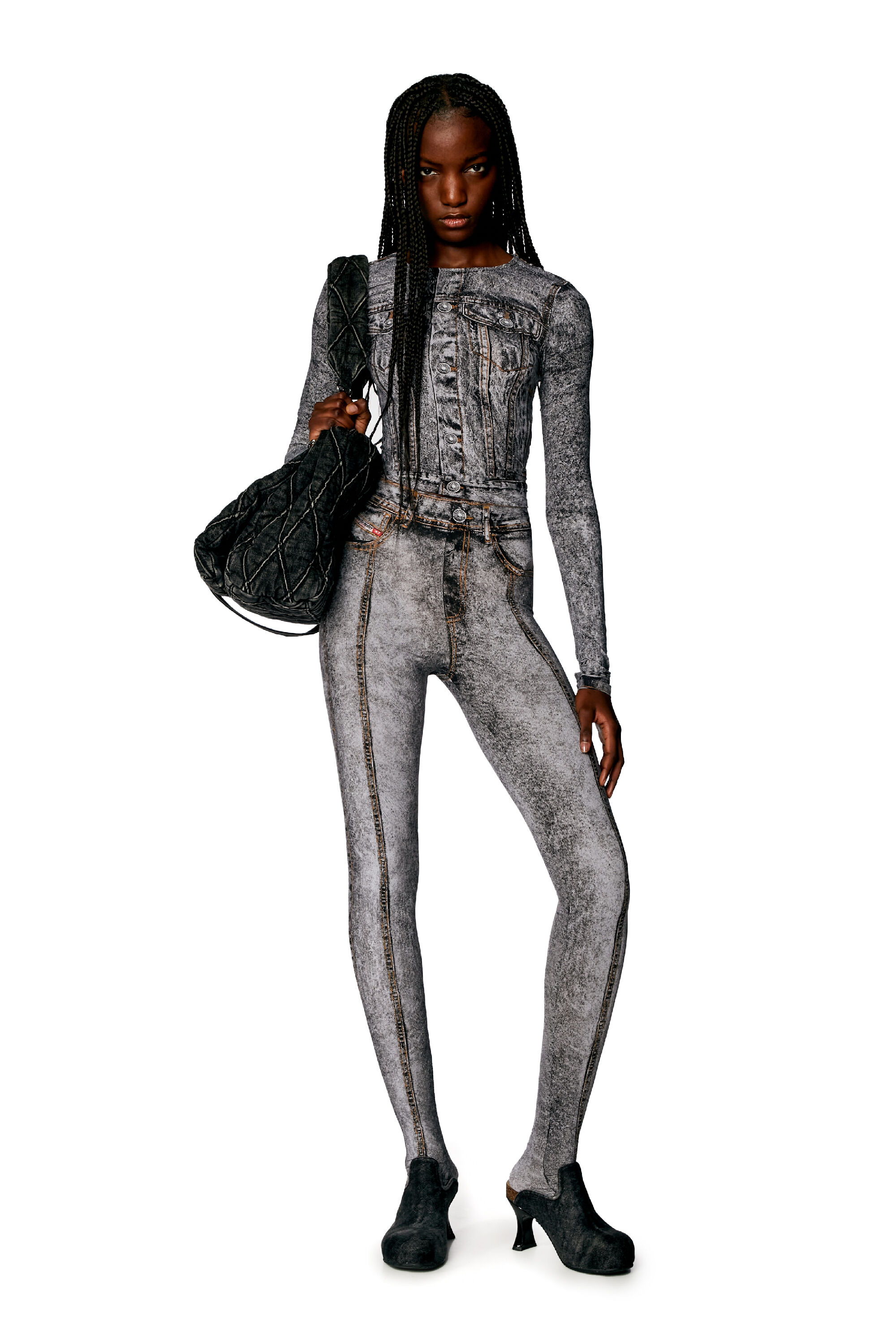 Diesel - P-KOLL-N1, Collants en nylon stretch avec imprimé denim Femme in Polychrome - 1