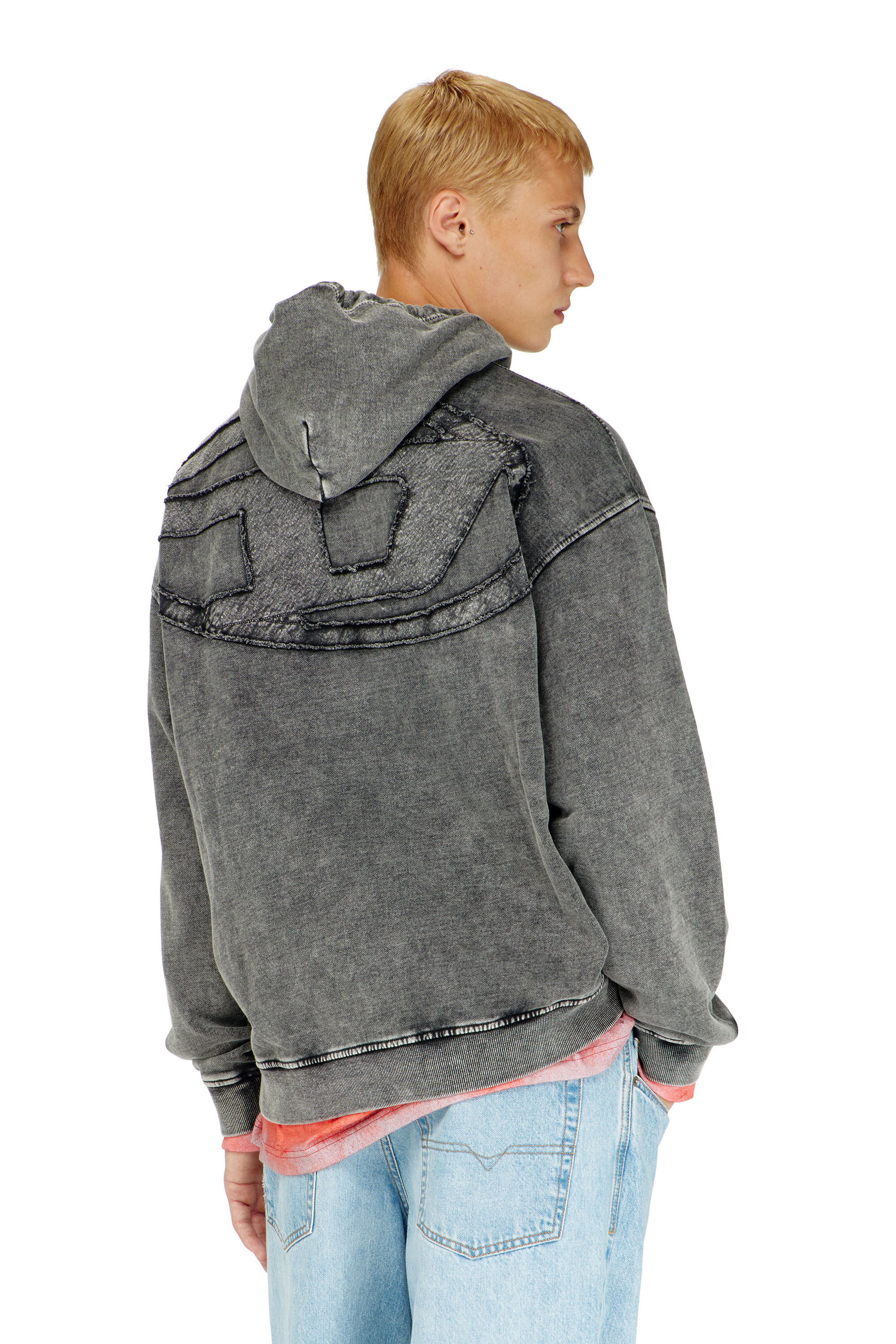Diesel - S-BOXT-HOOD-DEN, Felpa con cappuccio con toppa posteriore tagliata a vivo Uomo in Grigio - 4