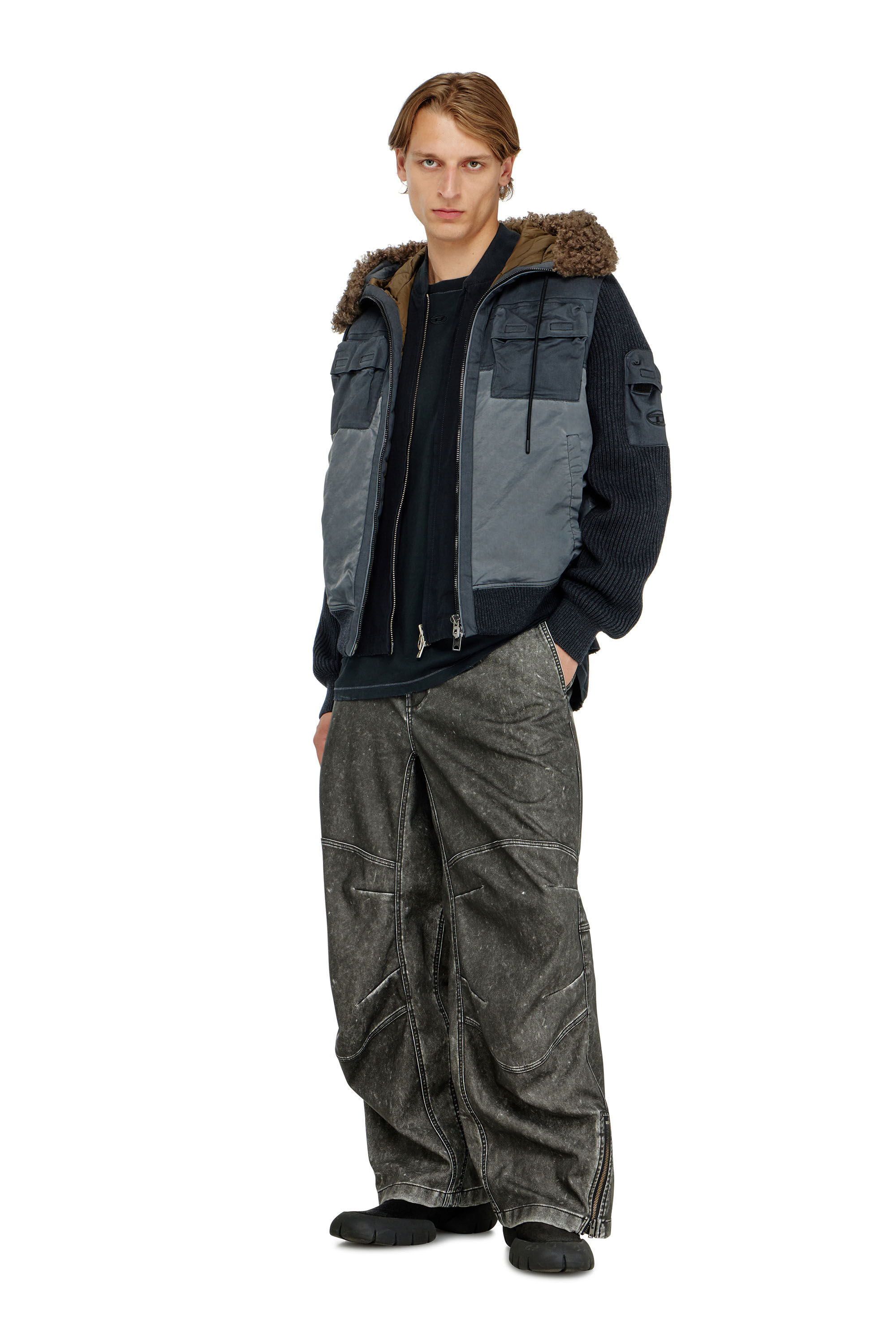 Diesel - W-DELLS, Veste &agrave; capuche matelass&eacute;e avec manches en maille Homme in Bleu - 1
