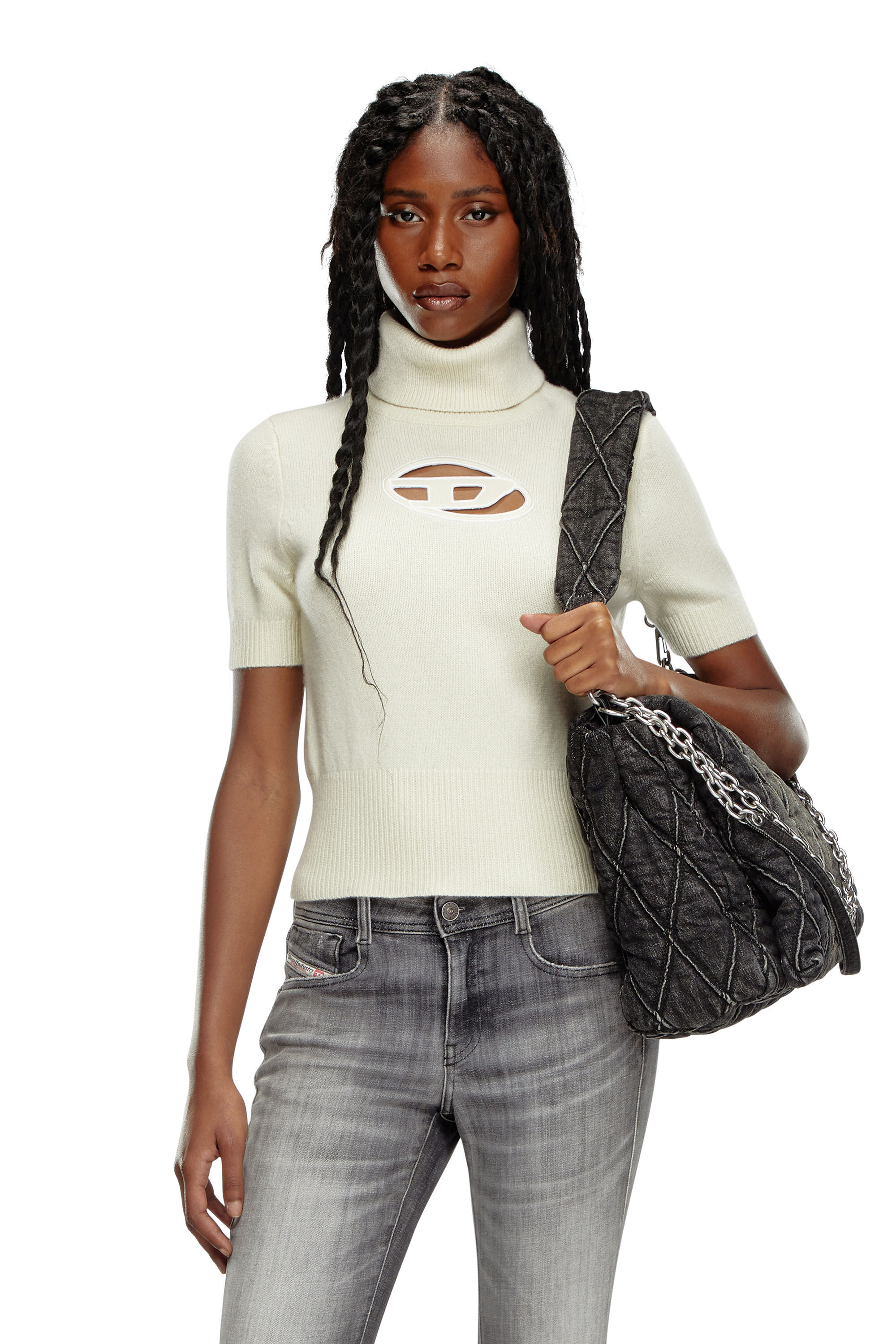 Diesel - M-ARGARET, Femme Pull à manches courtes avec logo effet découpé in Blanc - Image 3
