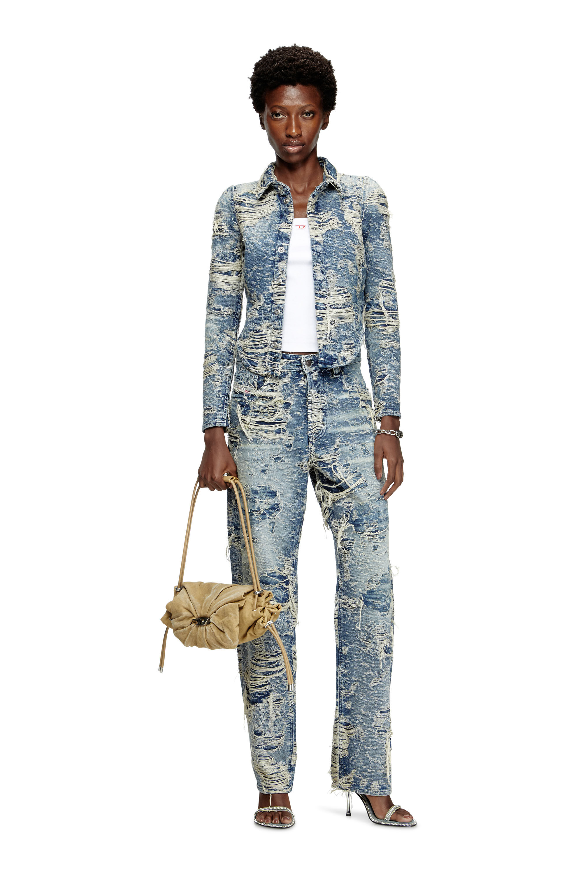 Diesel - DE-MADELINE-FSG, Damen Hemd aus Jacquard-Denim mit fließenden Fäden in Mittelblau - 1