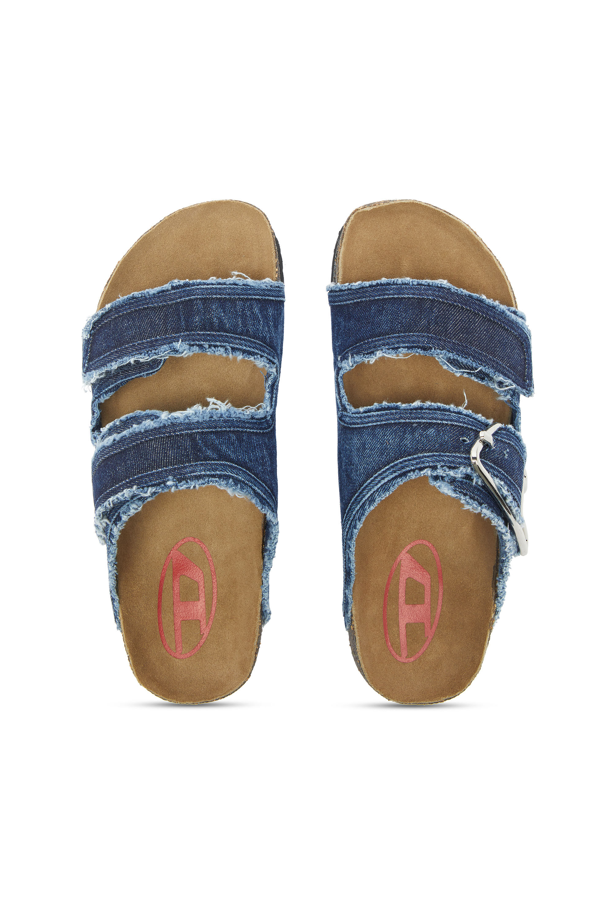 Diesel - D-WOODSTOCK D SANDAL W, D-Woodstock - Ciabatte con fasce in denim a taglio vivo Donna in Blu - 4