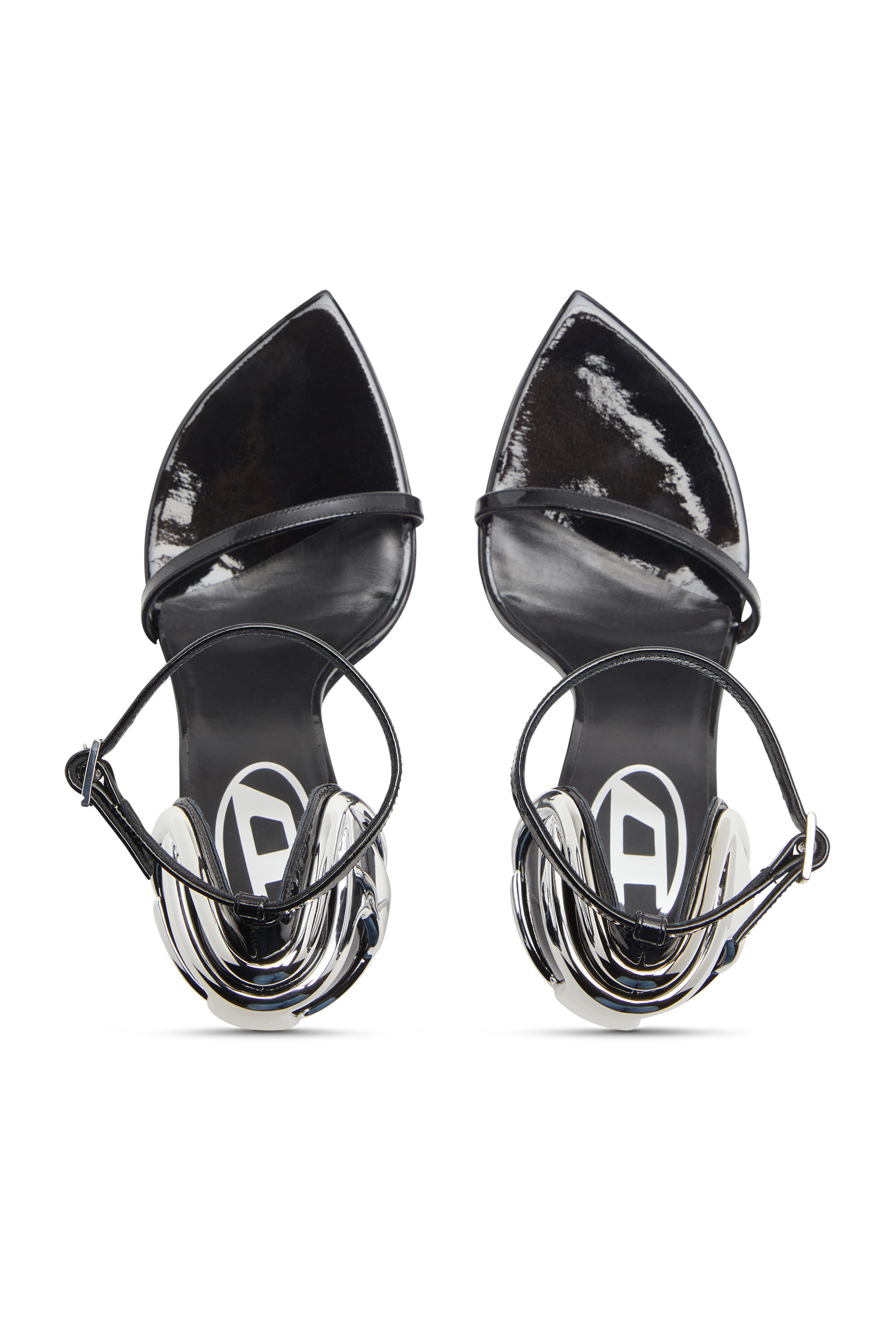 Diesel - D-TEN&HALF SANDAL, D-Ten&Half-Sandale à talon aiguille en cuir verni et satin Femme in Noir - 5