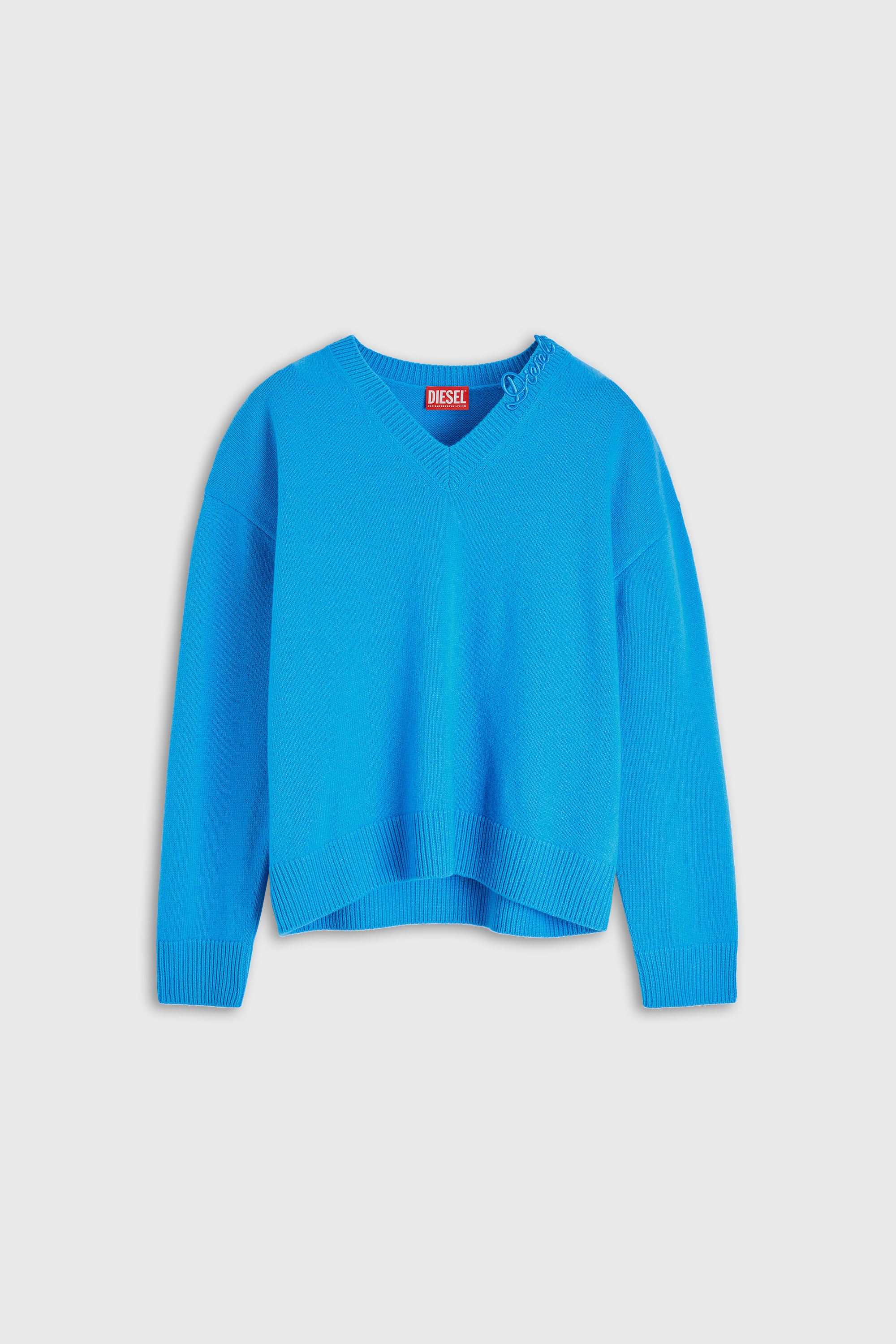 Diesel - M-IMOSA, Damen Wollpullover mit V-Ausschnitt und Logo am Kragen in Azurblau - 2