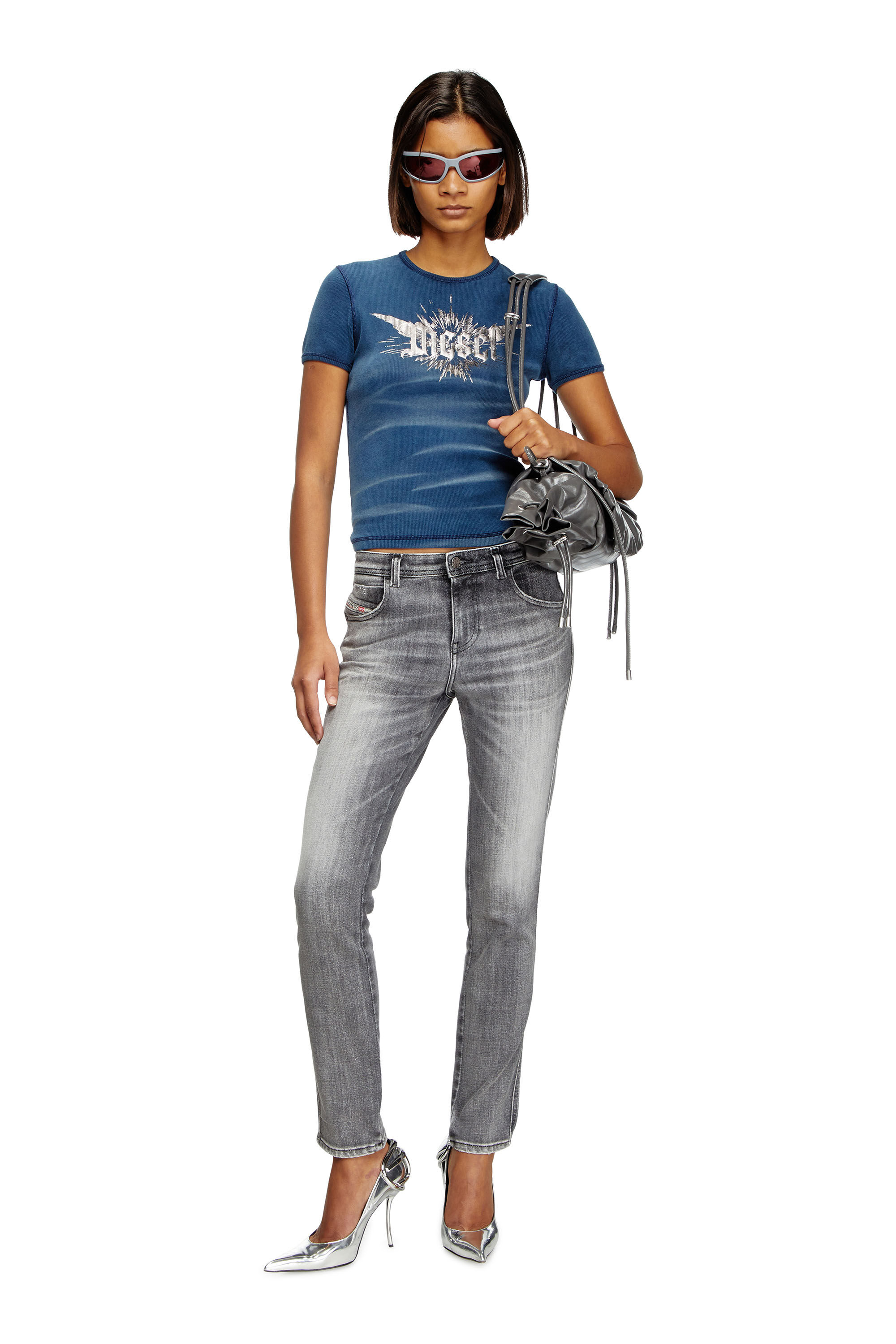 Diesel - T-ELE-LONG-P2, Damen T-Shirt mit flügelförmigem Diesel-Folien-Print in Blau - 1