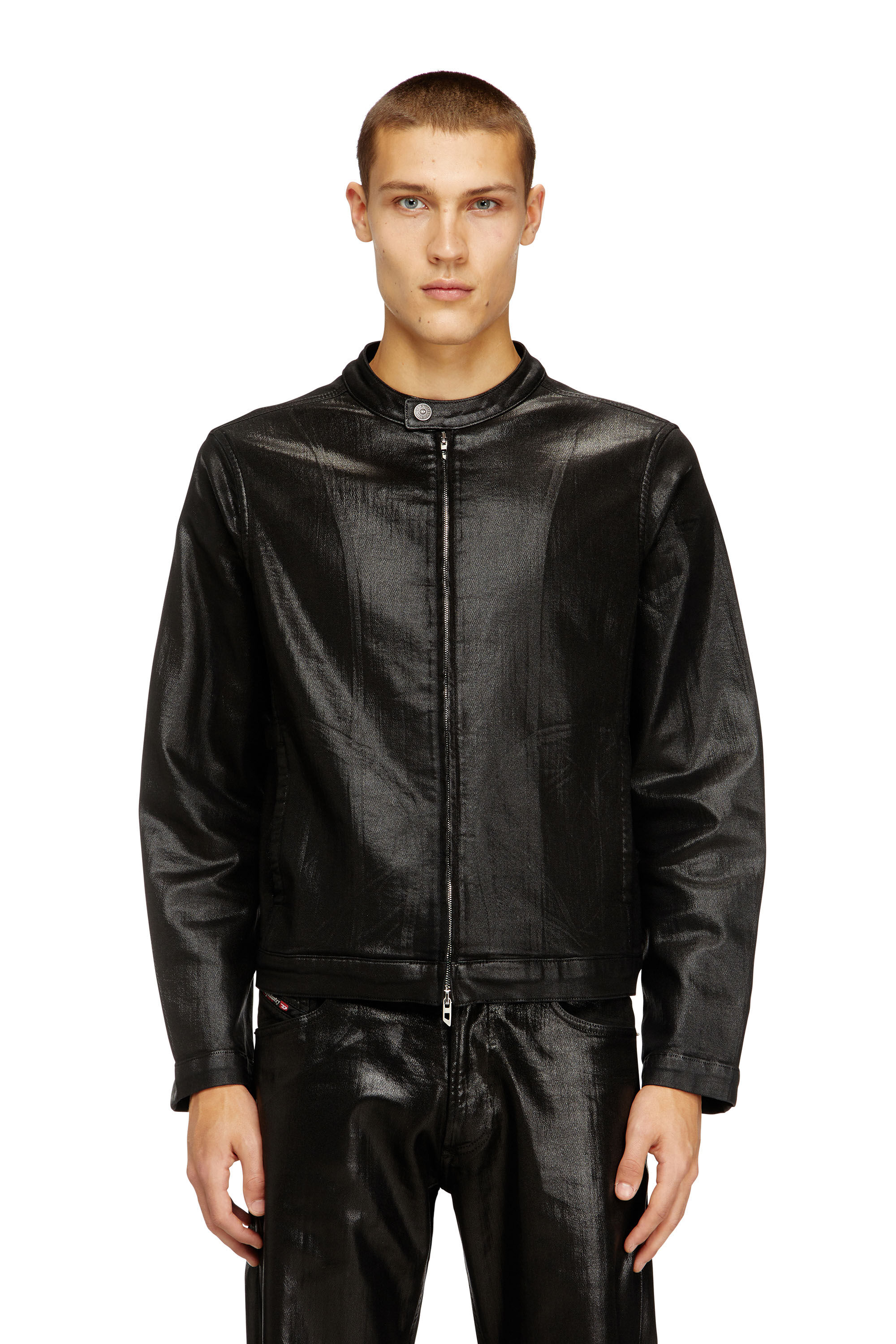 Diesel - D-GLORY JOGG, Blouson motard en JoggJeans enduit brillant Homme in Noir - 3
