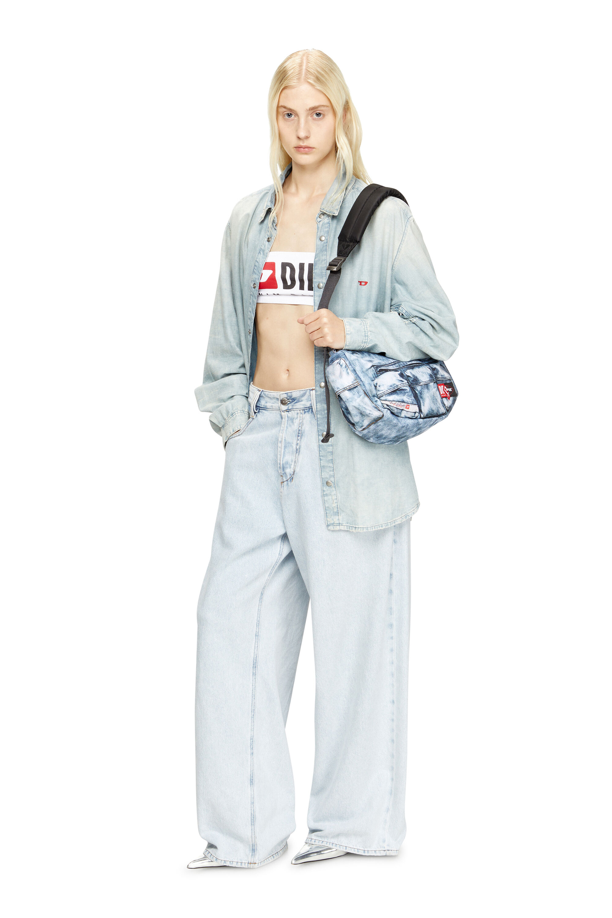Diesel - DIESEL SHOULDER BAG, Sac à poches multiples en denim trompe-l'œil Mixte in Bleu - 7
