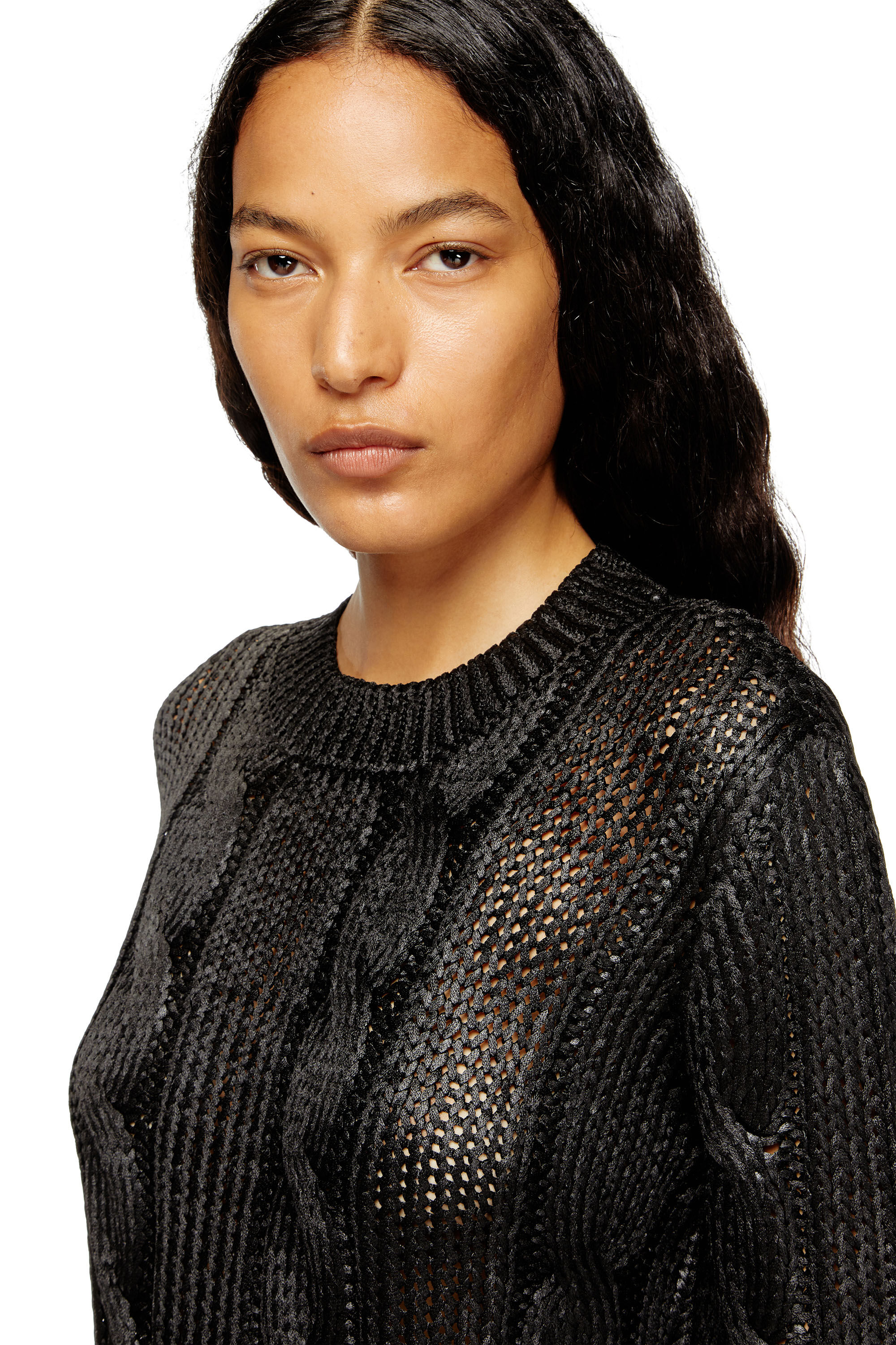 Diesel - M-MICCHA, Maglia con lavorazione a treccia e effetto shiny Donna in Nero - 5