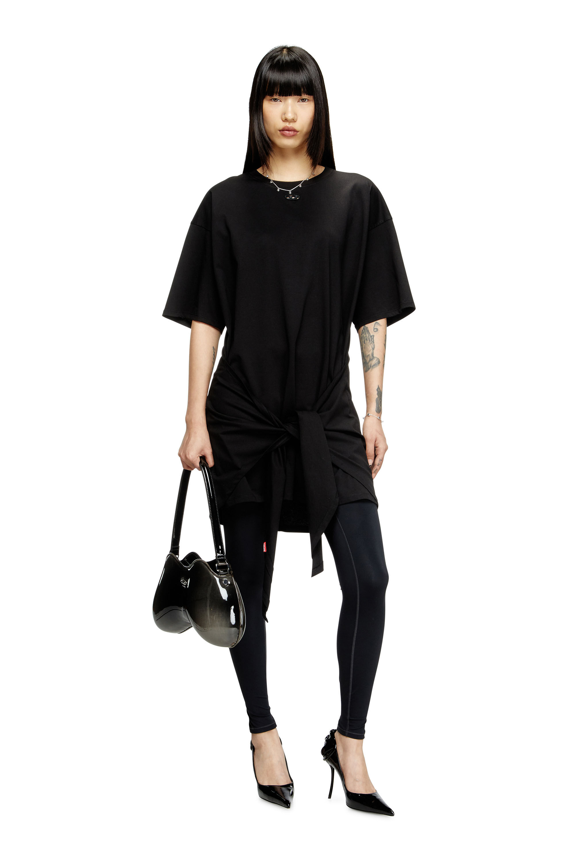 Diesel - D-EIVOR, Damen T-Shirt-Kleid mit Bindeband auf der Vorderseite in Schwarz - 1